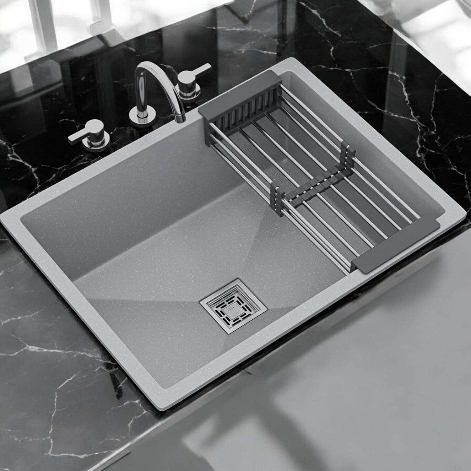 24x18x10 Quartz Kitchen Sink Single Bowl Smoke Gray Granite Sink for Kitchen SP2418GNG | Stain-Resistant, Heat-Resistant, Scratch-Resistant Vessel Sink-image-21