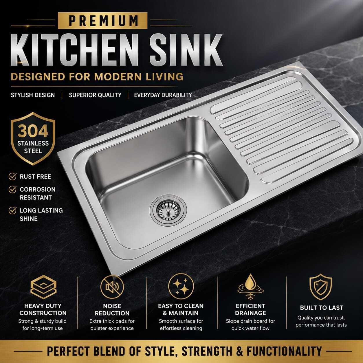rencho Premium Stainless Steel Single Bowl Kitchen Sink with Drain-45x20x9inch-5.1KG Board | 304 Grade Handmade Deep Utility Wash Basin for Home & Commercial Kitchen Over Counter Basin-picture-26
