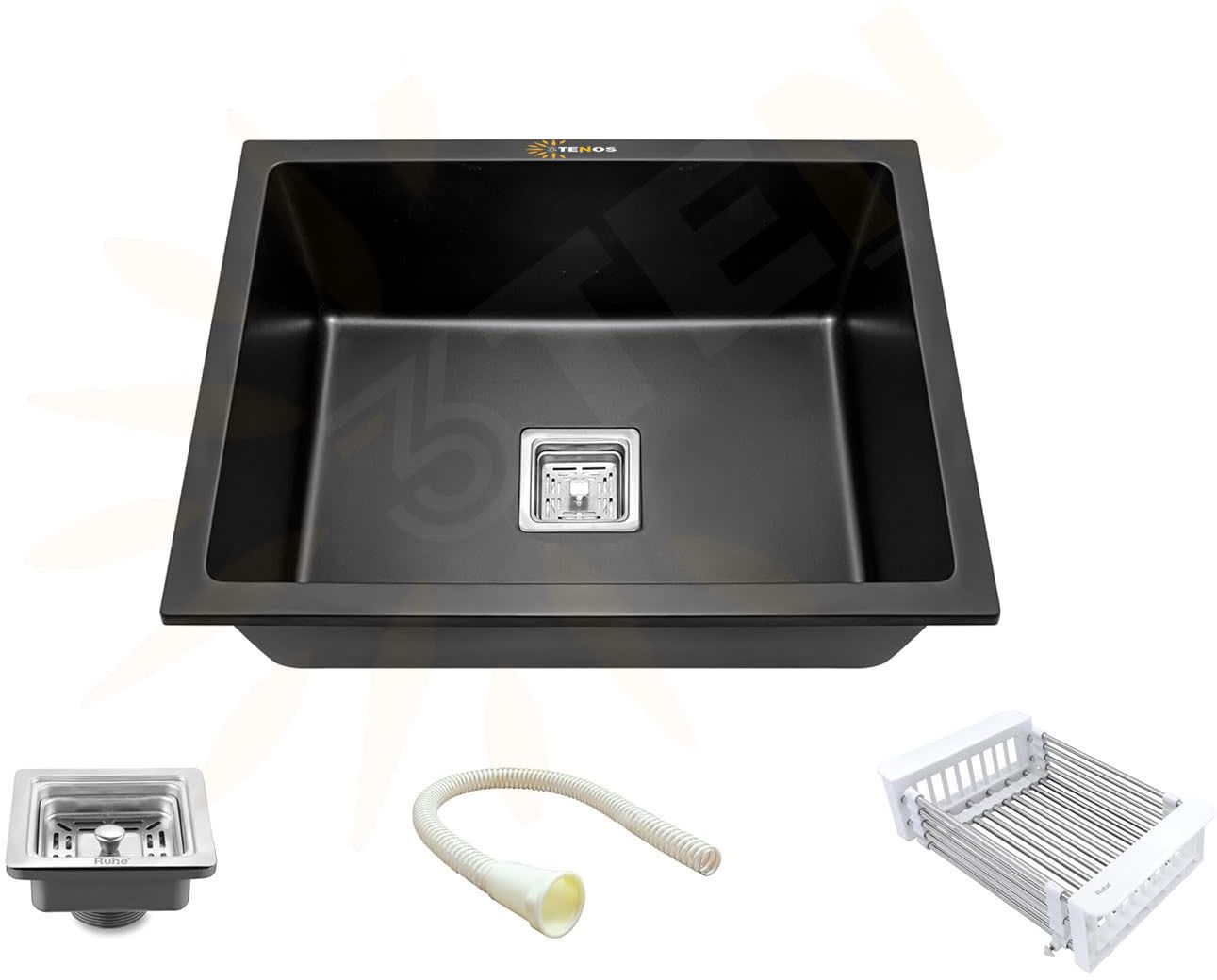 3tenos Black Granite Kitchen Sink with Basket & Waste Pipe 24x18x9 Kitchen Sink with Accessories | Matte Black Granite Sink with Basket & Drain Kit Vessel Sink-picture-1
