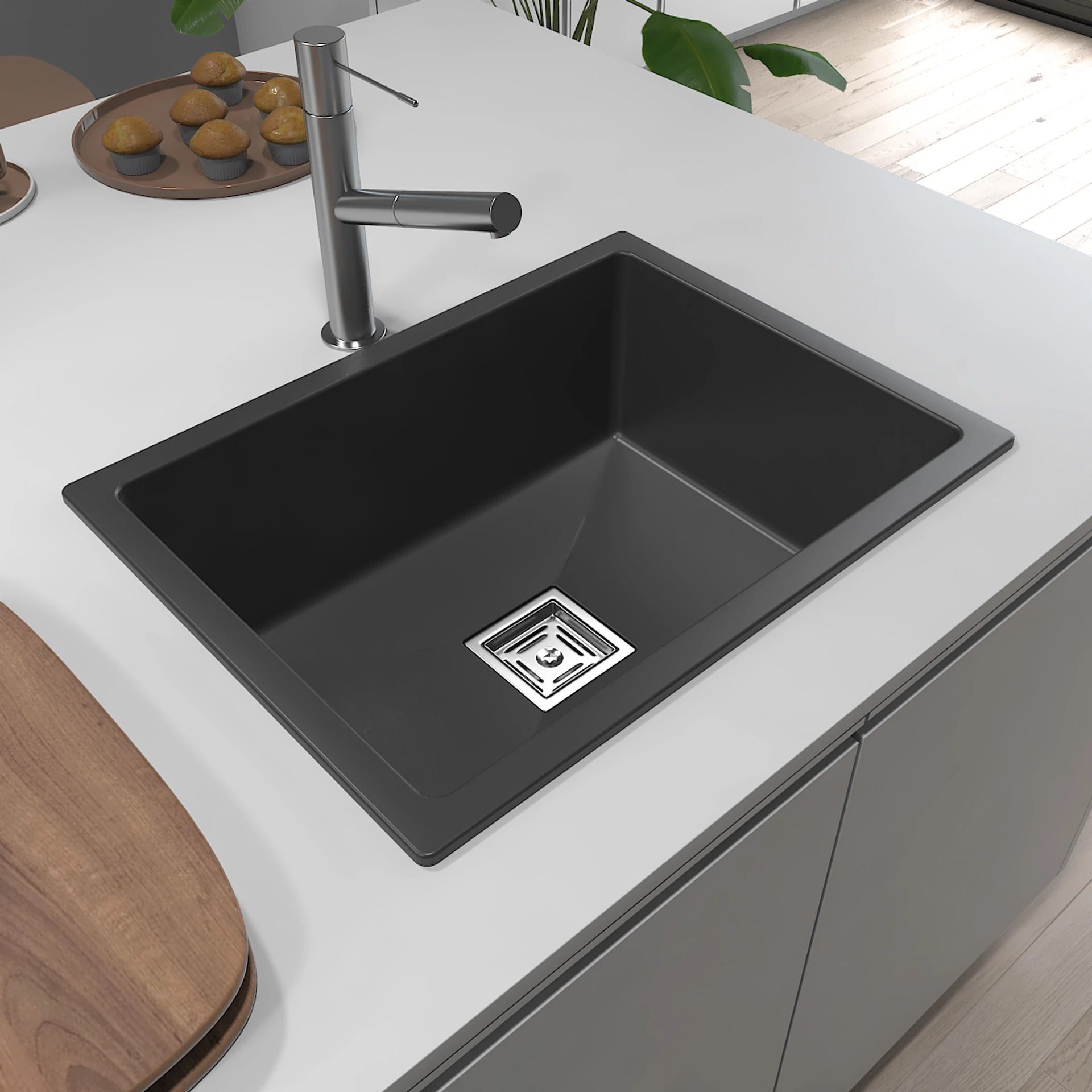 Quartz Kitchen Sink 18 x 24 Inch Single Bowl Matte Finish Sink 10mm Thickness Quartz Granite Sink with PVC Pipe Smooth Finish Top Mount-image-49