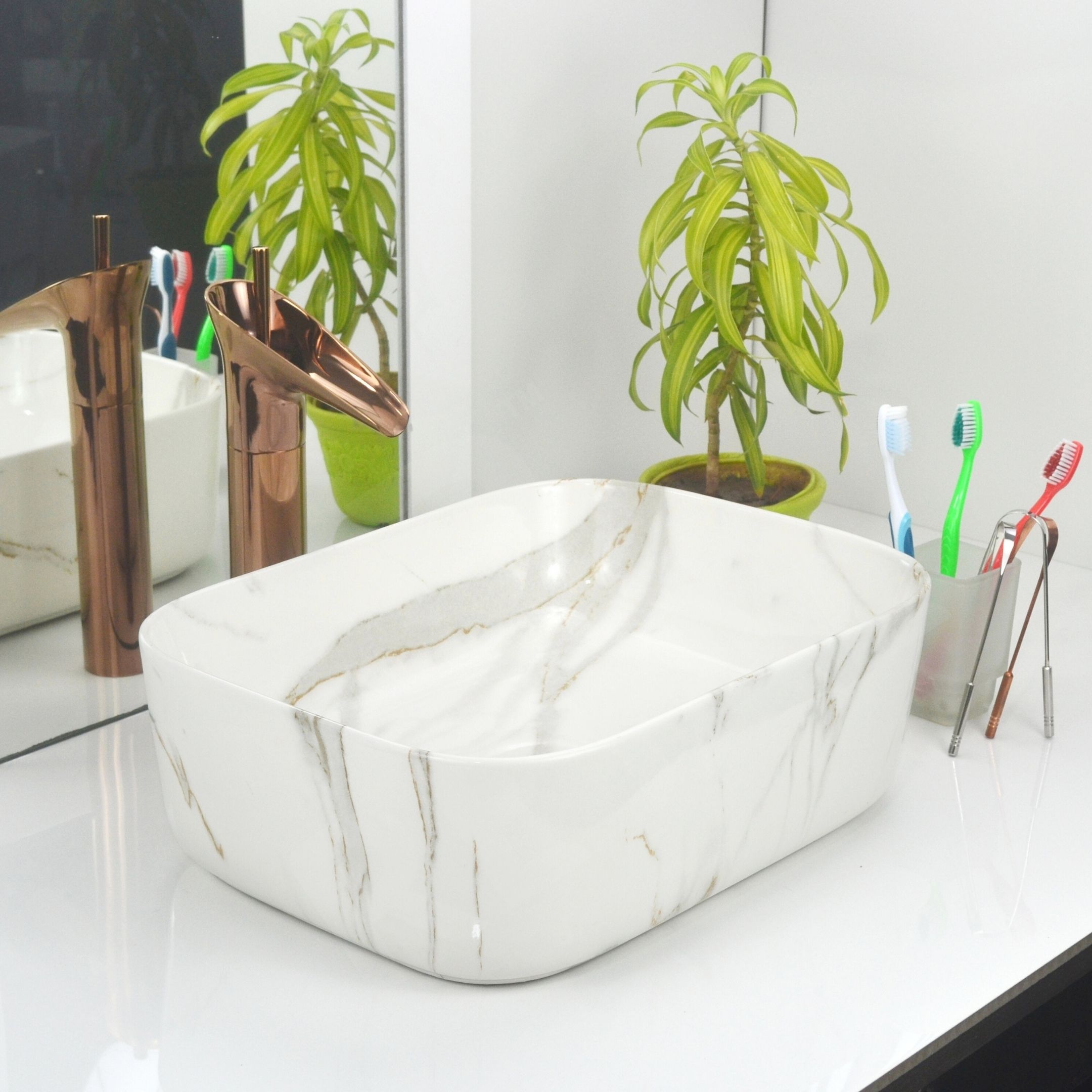 reyal Premium Ceramic Square Table Top Wash basin (Size : 12" x 16" x 5") Vessel Sink Counter Top-picture-2