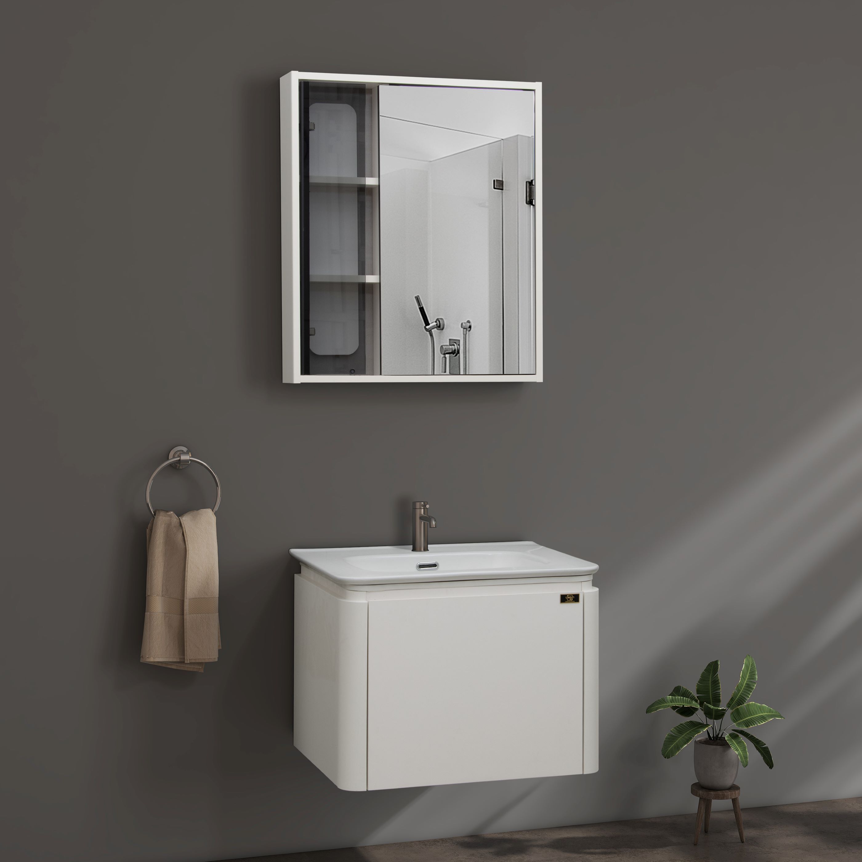 Vanity for Bathroom/Cabinet with Wash Basin & Mirror/Bathroom Organizer- NZBC-13 Wall Hung Basin-image-11