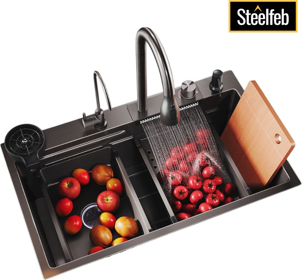 Black Waterfall Kitchen Sink 30x18 Inch | Stainless Steel(304) | Accessories Included | Multi-functional All In One Sink (Anti Scratch) (Anti Stain) Vessel Sink-image-36