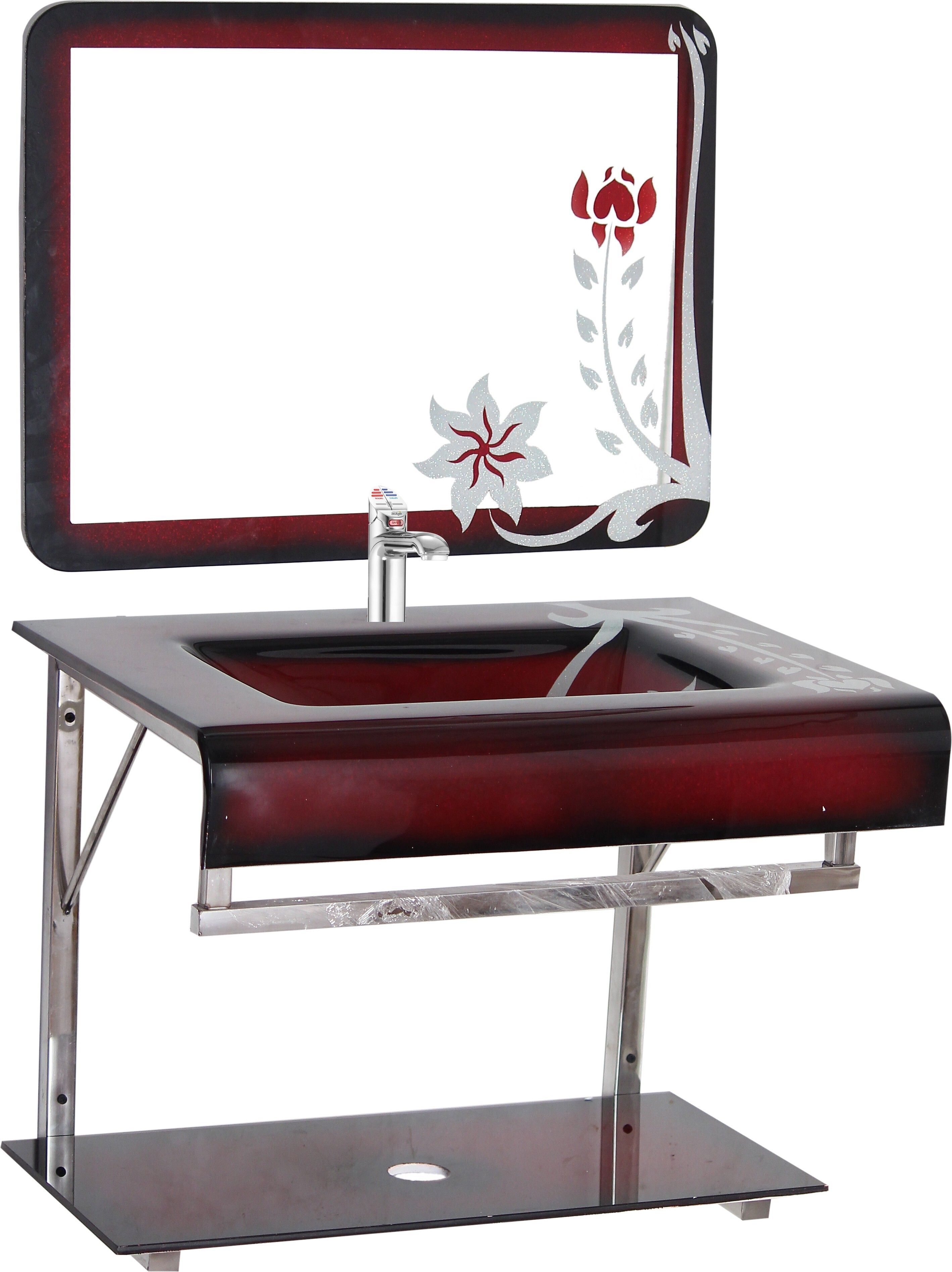 Wash Basin With Mirror Shelf & Steel Stand. RED FLOWER SMALL SIZE 17"*18" Wall Hung Basin-image-40