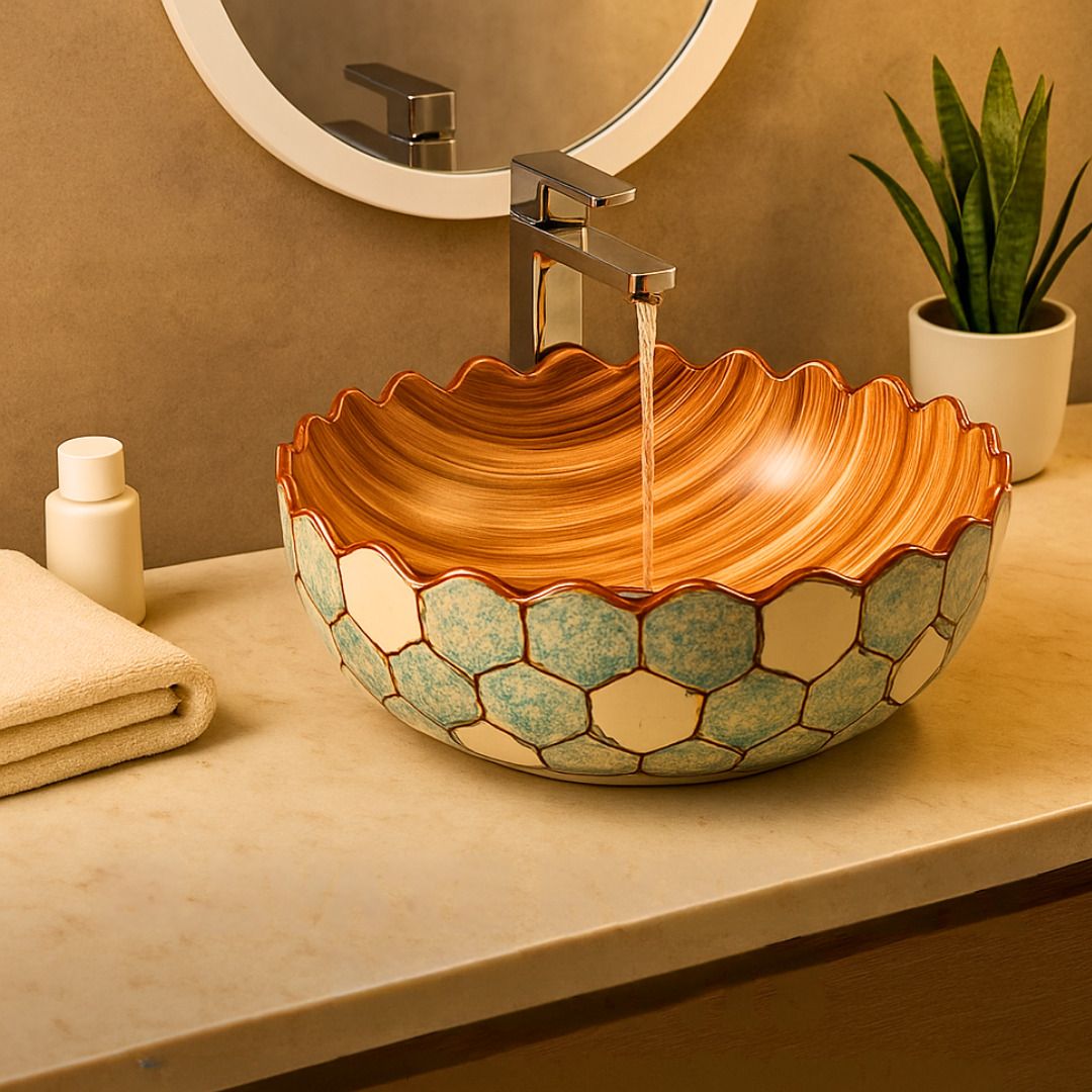 Premium Marble Finish Table Top Basin|18x13” Oval Ceramic Bathroom & Living Room Design - 3 Over Counter Basin-image-4
