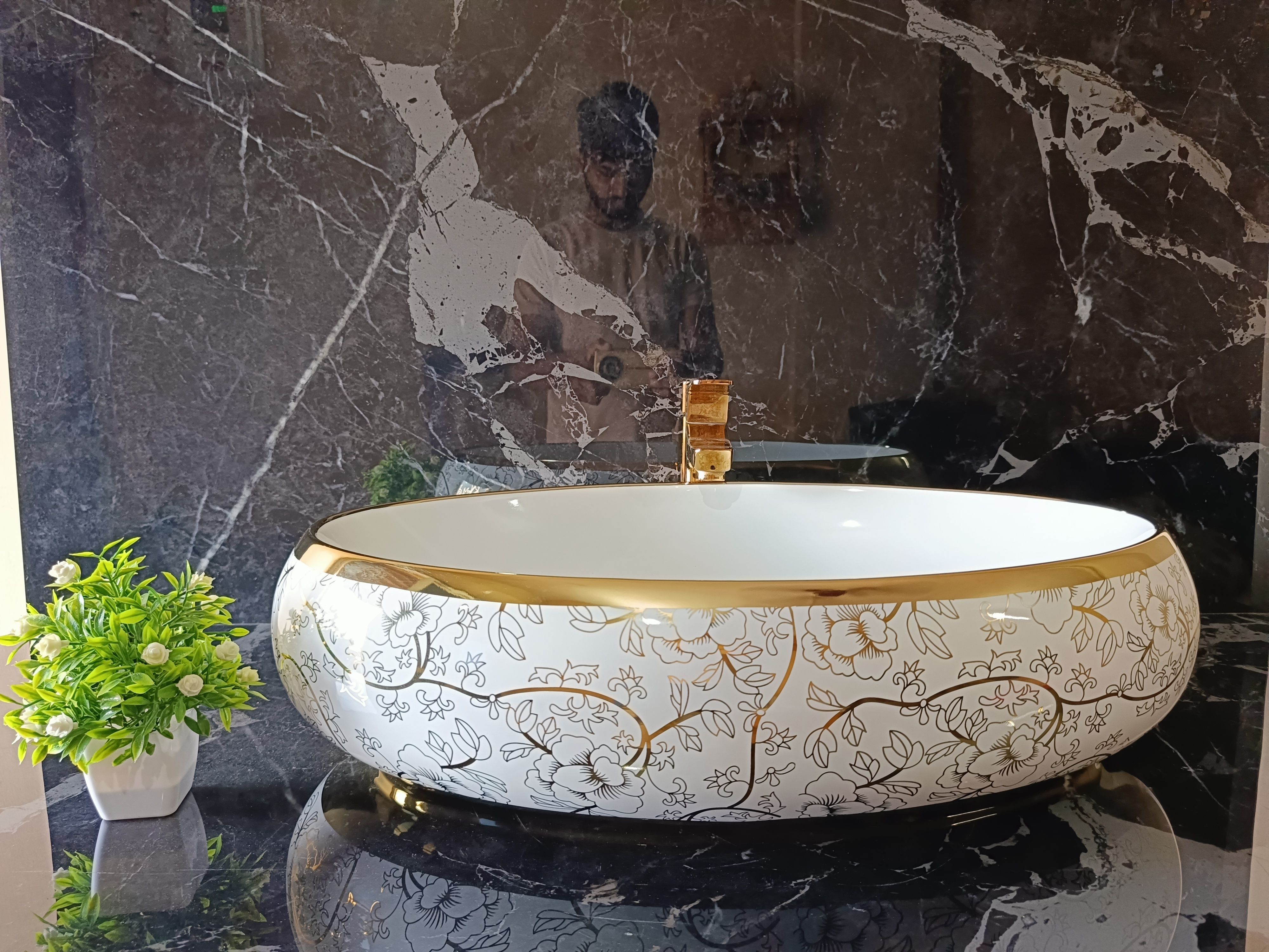 Premium Designer Table Top Counter Top Golden Wash Basin Gold Ceramic Wash Basin L-2201(L61 X W43 X H14Cm) Very Stylish Bathroom Golden Ceramic Wash Basin Table Top Basin-image-43