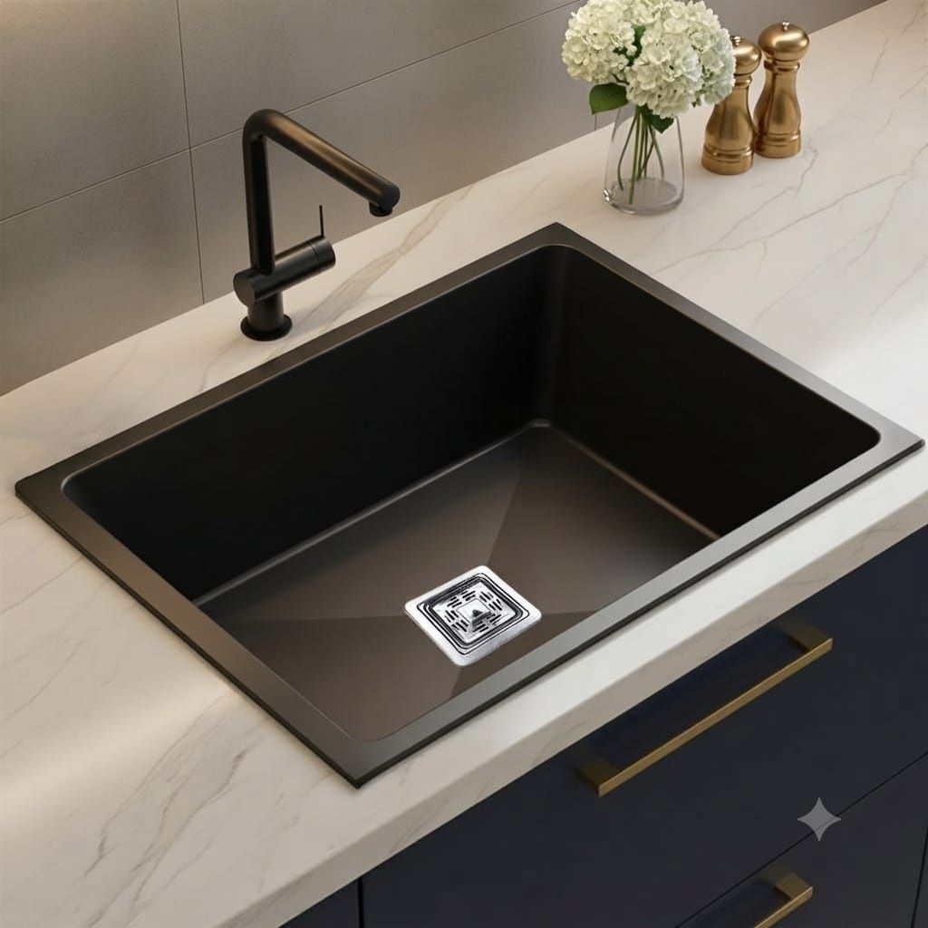 24x18x10 Quartz Kitchen Sink Single Bowl Midnight Black Granite Sink for Kitchen Stain-Resistant, Heat-Resistant, Scratch-Resistant Vessel Sink Vessel Sink-image-2