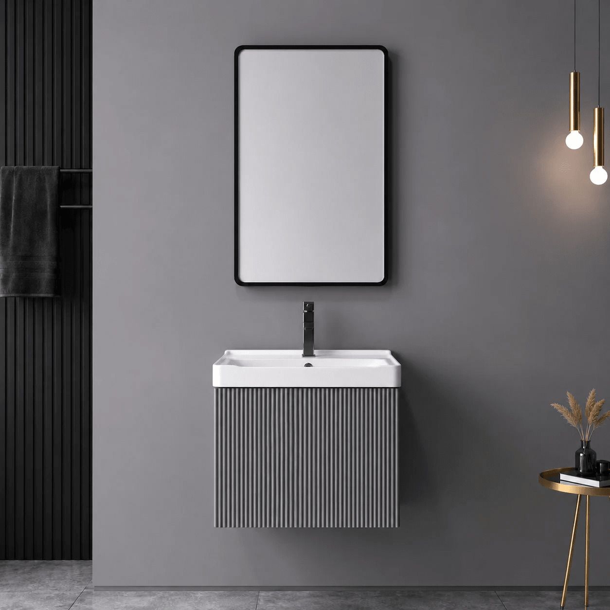 JABON BAGNO PVC Bathroom Vanity Set with Mirror | Grey Finish | Wall Mounted Ceramic Wash Basin with Tap Hole (50cm) Wall Hung Basin-image-6