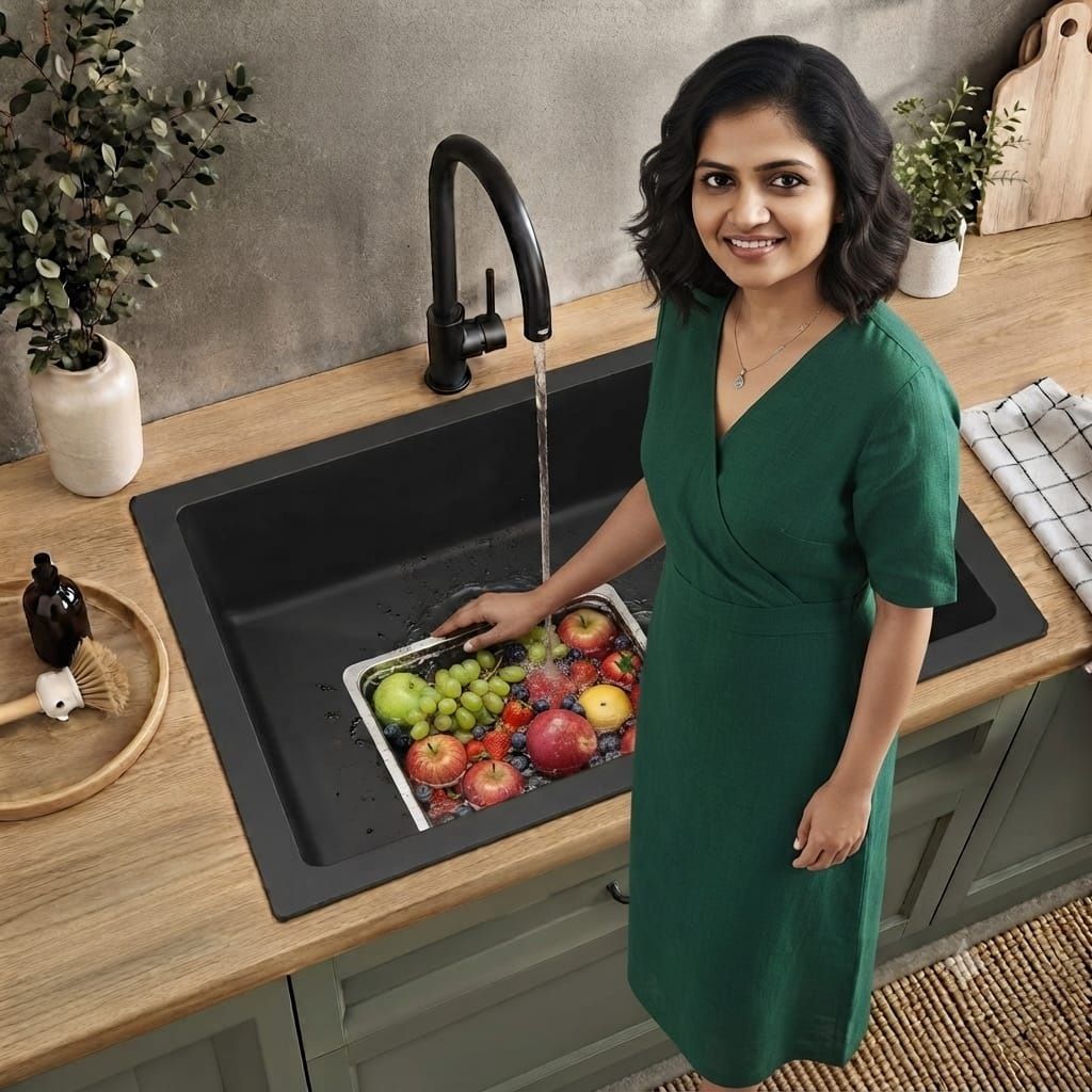 PREMIUM Quartz Kitchen Sink 24*18*9 Inch Metalik Black Single Bowl Granite Sink Waste Coupling & Pipe Easy to Clean, Non Fading Color and Counter Top-image-5