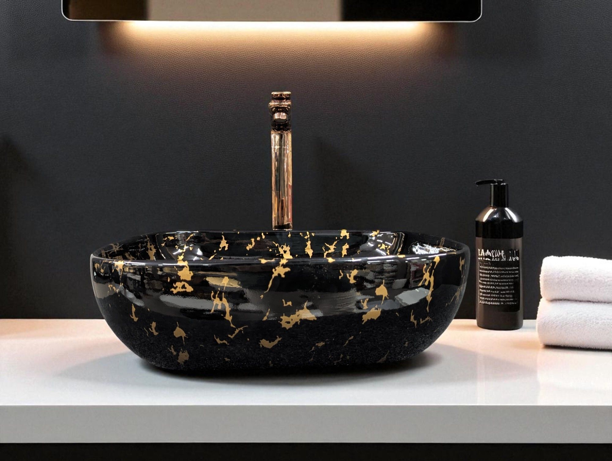 Premium Designer Black and Gold Marble Ceramic Wash Basin(24) RJ-1024 Table Top Basin-image-3