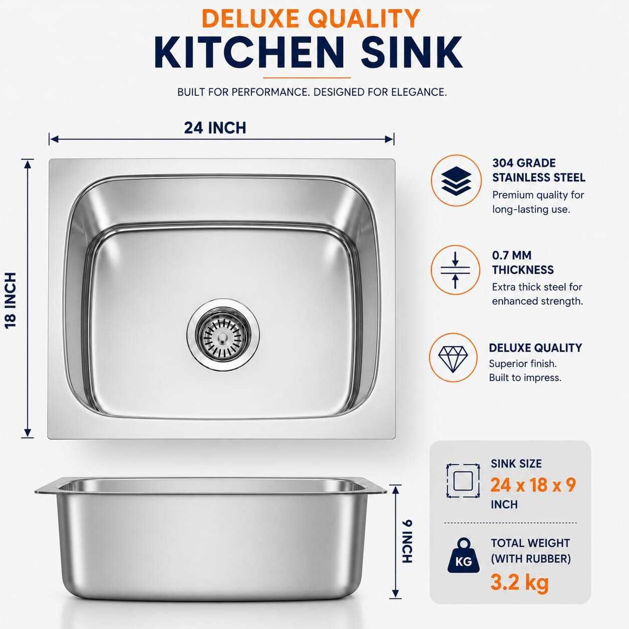 Deluxe Quality Kitchen Sink-24x18X9Inch Weight-3.2kg 0.7mm Thickness| Modern Stainless Steel Kitchen Sink | Durable Rust Proof Wash Basin Counter Top-image-4