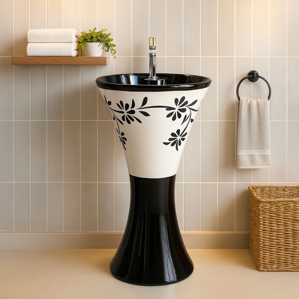 Premium Ceramic Pedestal Wash Basin – Modern Damru Design- Very Stylish Bathroom Luxury Glossy-SCRETCH-PROOF Pedestal Basin-image-29