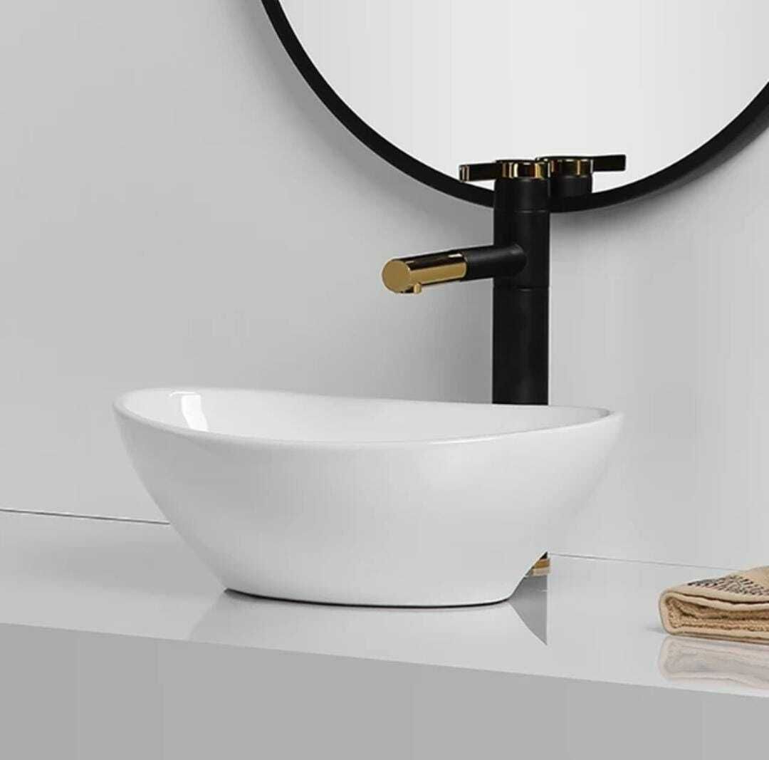 Premium Designer Ceramic Wash Basin with Waste Pipe & Coupling set (16X13X5.5)) BOAT WHITE Table Top Basin-image-36