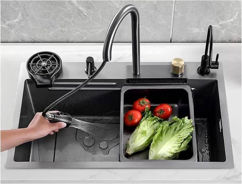 Kitchen Sink 30"x18"x9" Inch with Integrated Waterfall and Pull-down Faucet Rectangular Shaped (75x45x22 cm) Under Counter Basin-image-8