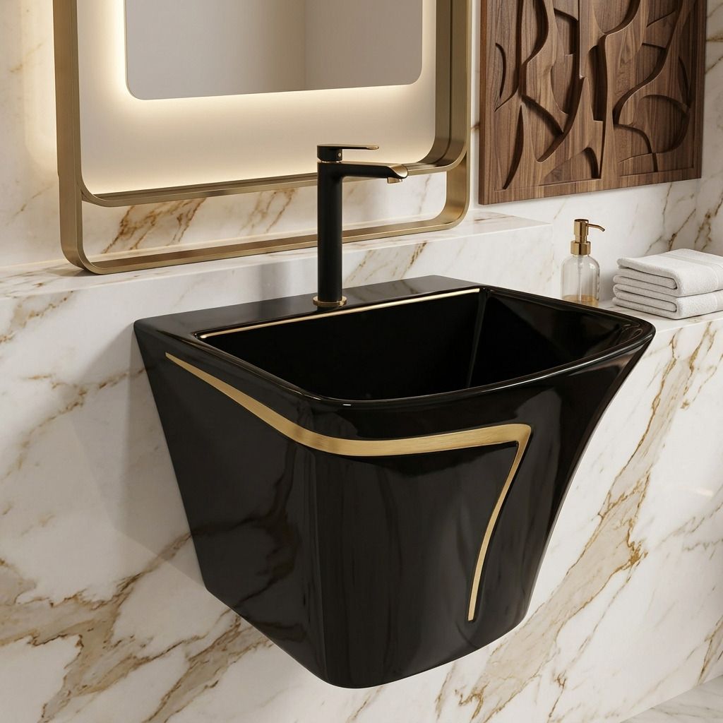 kemjo Elegant Black Color Golden Line Bathroom Ceramic Designer Wall Mounted Basin SF210 Wall Hung Basin-picture-34