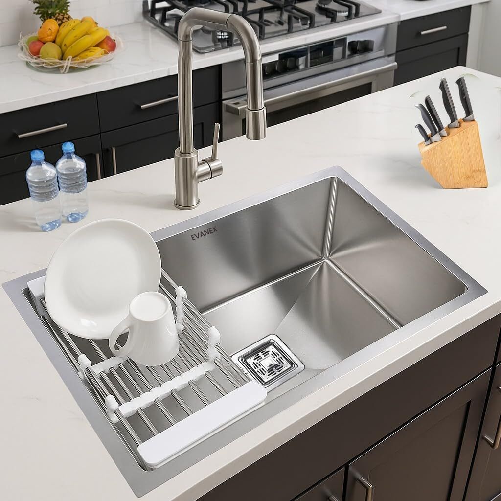 VANEX Handmade Kitchen Sink Heavy Grade Stainless Steel Single Bowl Kitchen Sink Noise-Free Deep Basin Modern Undermount/Topmount Sink for Kitchen (30"x20"x10") Vessel Sink-image-4