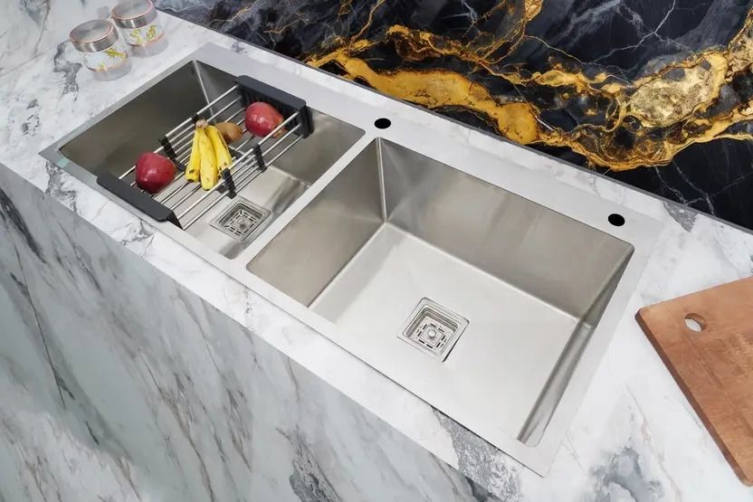 prestige 45"x20"x10" Double Bowl Premium Kitchen Taphole Sink Matte Finish 304 Grade Handmade Silver 45" X 20" X 10" Kitchen Taphole Sink Double Bowl Vessel Sink-picture-38