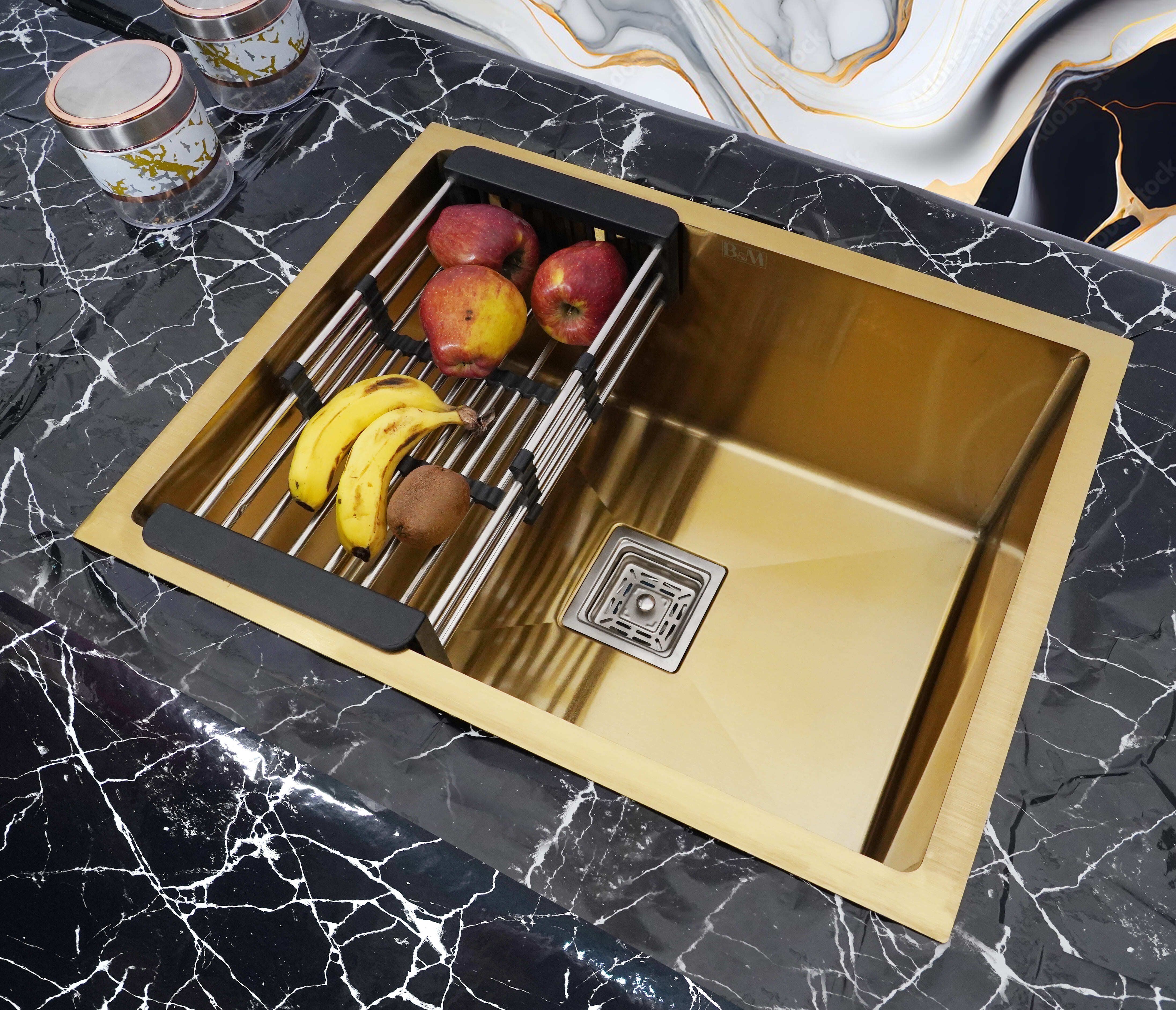 | 24" x 18" x 10" | KITCHEN SINK WITH SS COUPLING SET & VEGETABLE BASKET| 24"x18"x10'' Single Bowl Sink, Gold Finish, Stainless Steel Top Mount-image-37