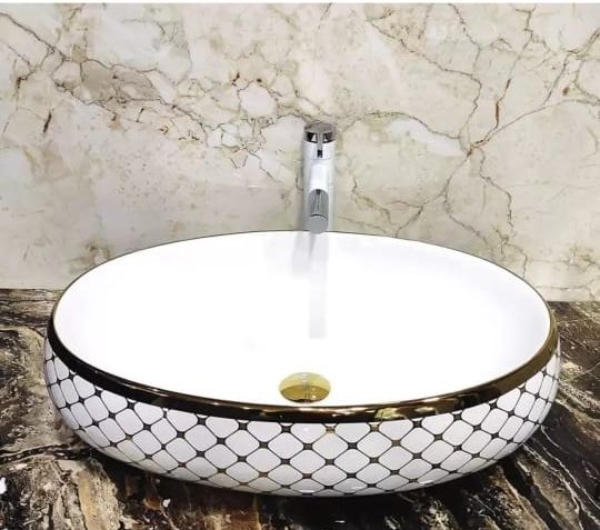 CERAMIC MATERIAL WHITE & GOLDEN TABLETOP WASH BASIN SIZE 24 X 16 X 6 INCH BEST GOLDEN COLOUR BEAUTIFUL PREMIUM QUALITY FULLY HI GLOSSY FINISH WASH BASIN Over Counter Basin-image-4