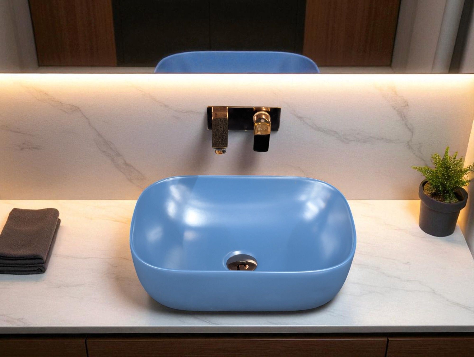 Premium Ceramic Washbasin (M-Blue-Matt) With Waste Coupling & Pipe Set (18*13*5)(Rj-Blue-Matt) Table Top Basin-image-49