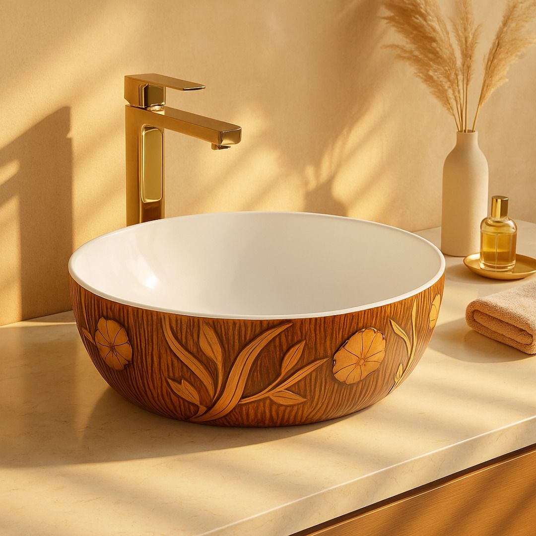 Premium Oval Ceramic Wash Basin | Luxury Floral Wood Texture |16.5x16.5x5.5 Inch Design - 2 -CB1655-WTFL Over Counter Basin-image-44
