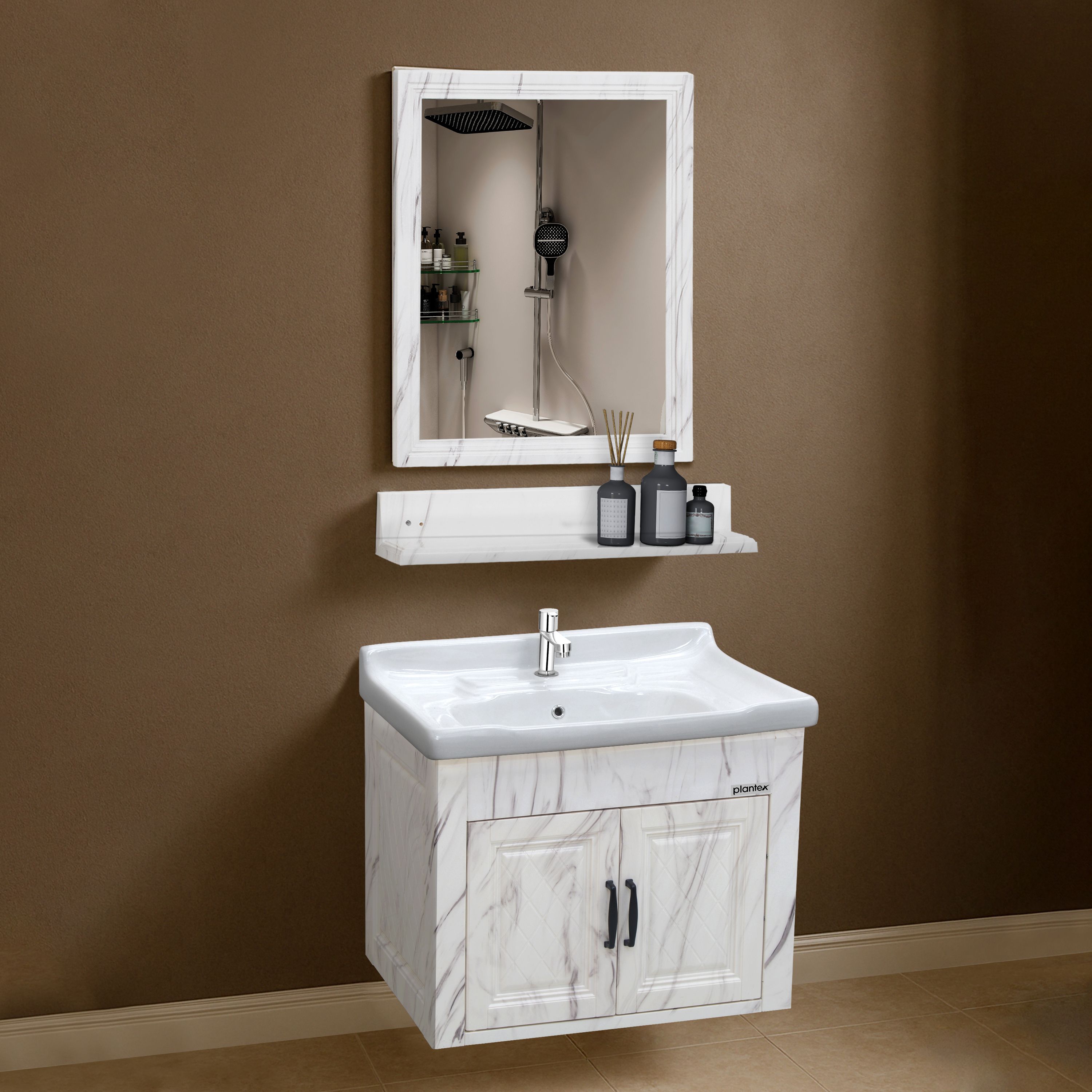 Bathroom Vanity Set with Basin/Mirror with Ceramic Wash Basin and Shelf Cabinet for Bathroom - (APS-684, White) Wall Hung Basin-image-4