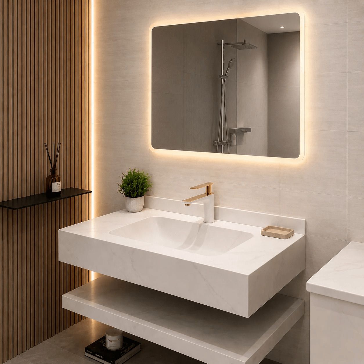 JABON BAGNO Sintered Marble Bathroom Vanity Set with LED Mirror (3 Led Light) (White Matt Finish) Wall Mounted Ceramic Wash Basin with Tap Hole Wall Hung Basin-image-2