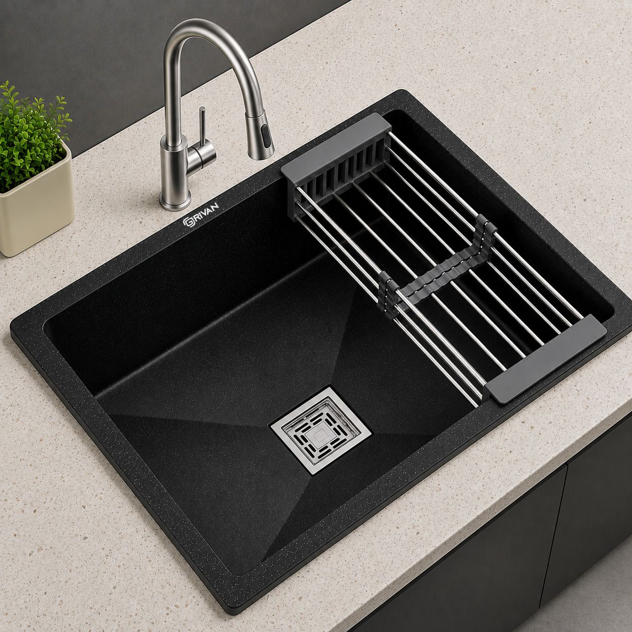 Heavy-Duty Quartz Granite Kitchen Sink Wash Basin with Coupling & Drain Basket – 24" x 18" Inch Single Bowl, Anti-Scratch | Vessel Sink-image-24