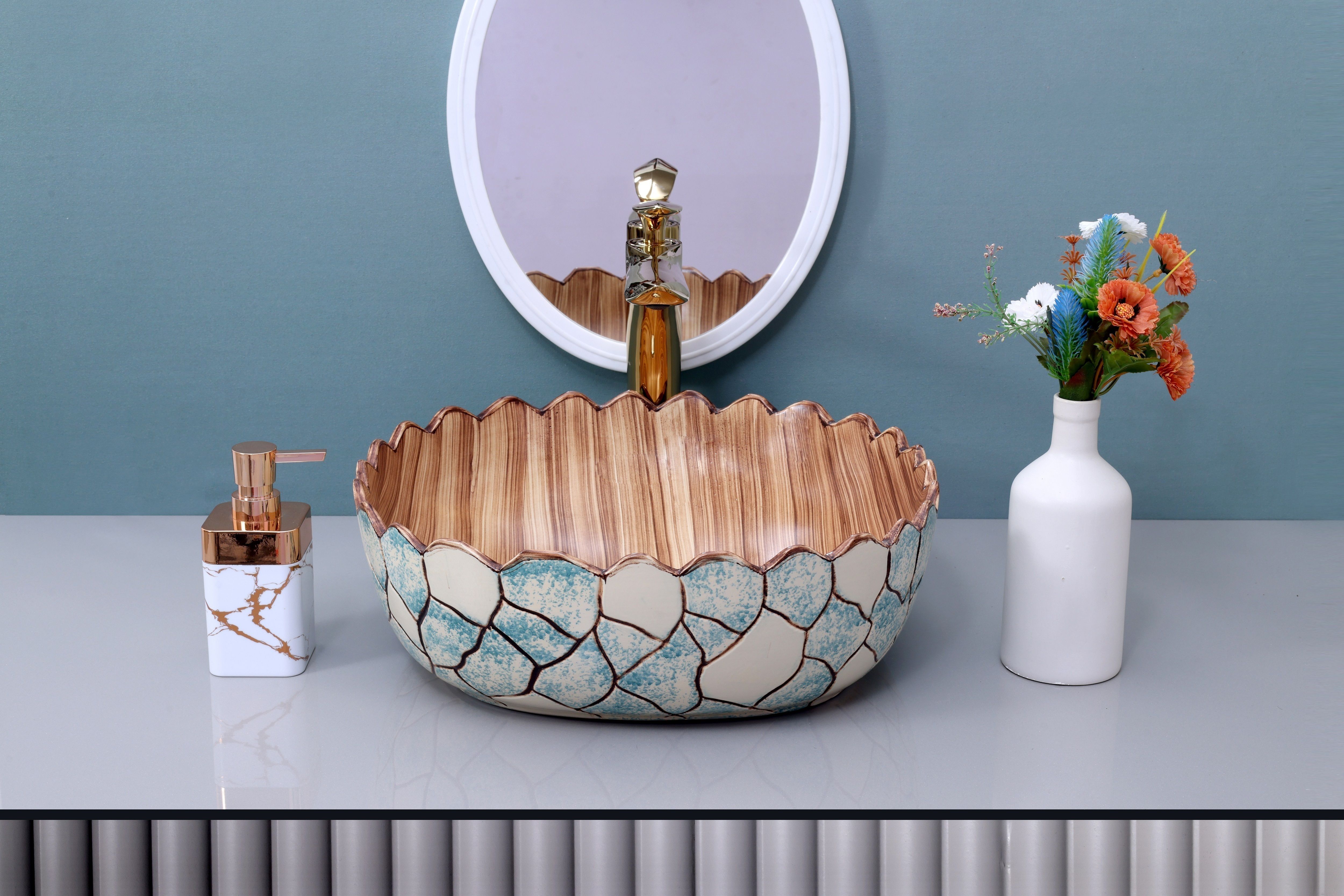 Ceramic Table Top Vessel Sink Wash Basin Oval Shape Over Counter Wash Basin For Bathrooms & Living Room (16.5x16.5x5.5 iInch) VN506 Table Top Basin-image-41