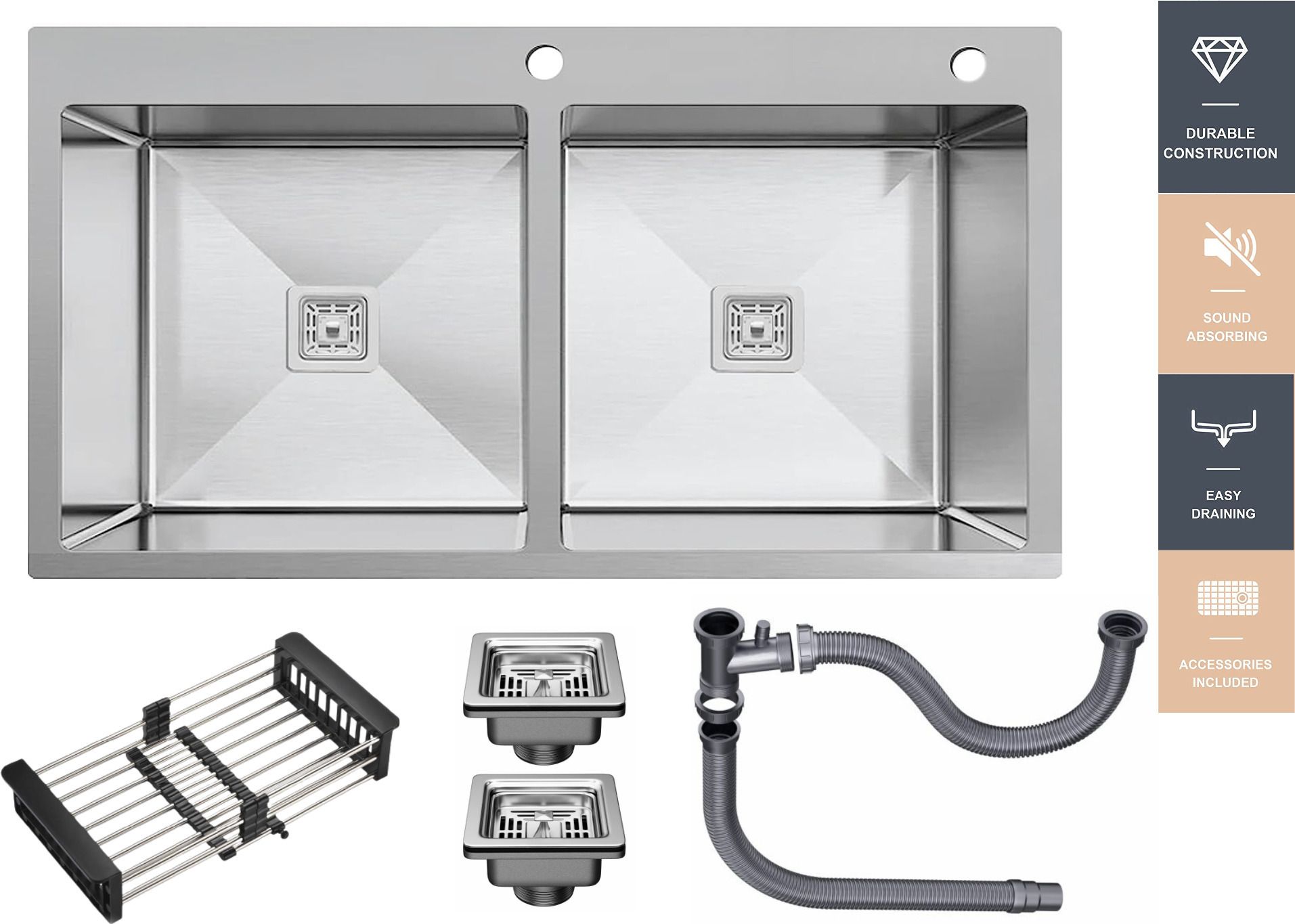 37x18x10 Kitchen Sink 37 Inches Tap Hole Double Bowl SS304 Stainless Steel Sink IEZEE3718TAP | MATT FINISH | TAPHOLE | DOUBLE BOWL | HANDMADE SINK | EXTRA HEAVY Vessel Sink-image-19