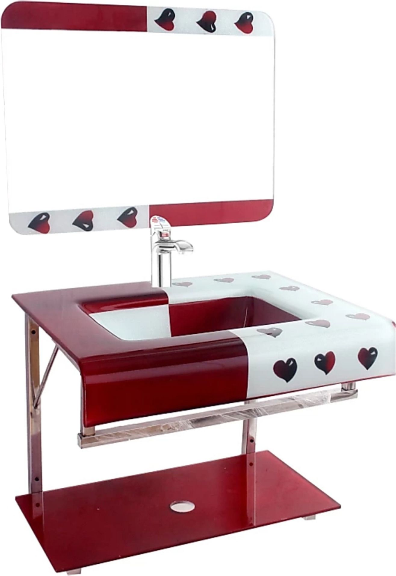OV_04 Glass Wash Basin With Mirror Shelf & Steel Stand (24"x21" Inch) Cherry & Back leaf 004 Wall Hung Basin-image-15