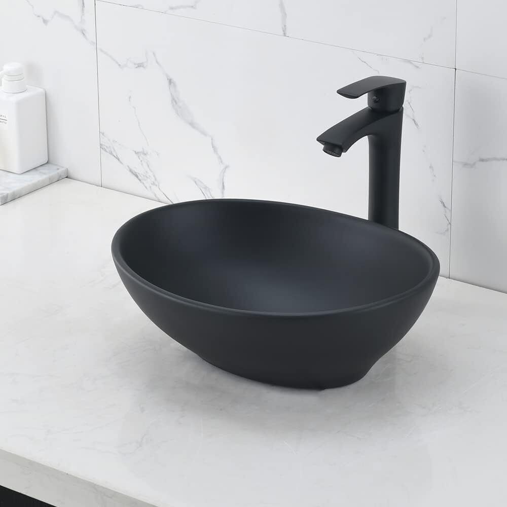Matte Finish Tabletop Vessel Sink Oval Shape Wash Basin For Bathroom (16 x 13 x 5.5 Inch) Counter Top-image-0