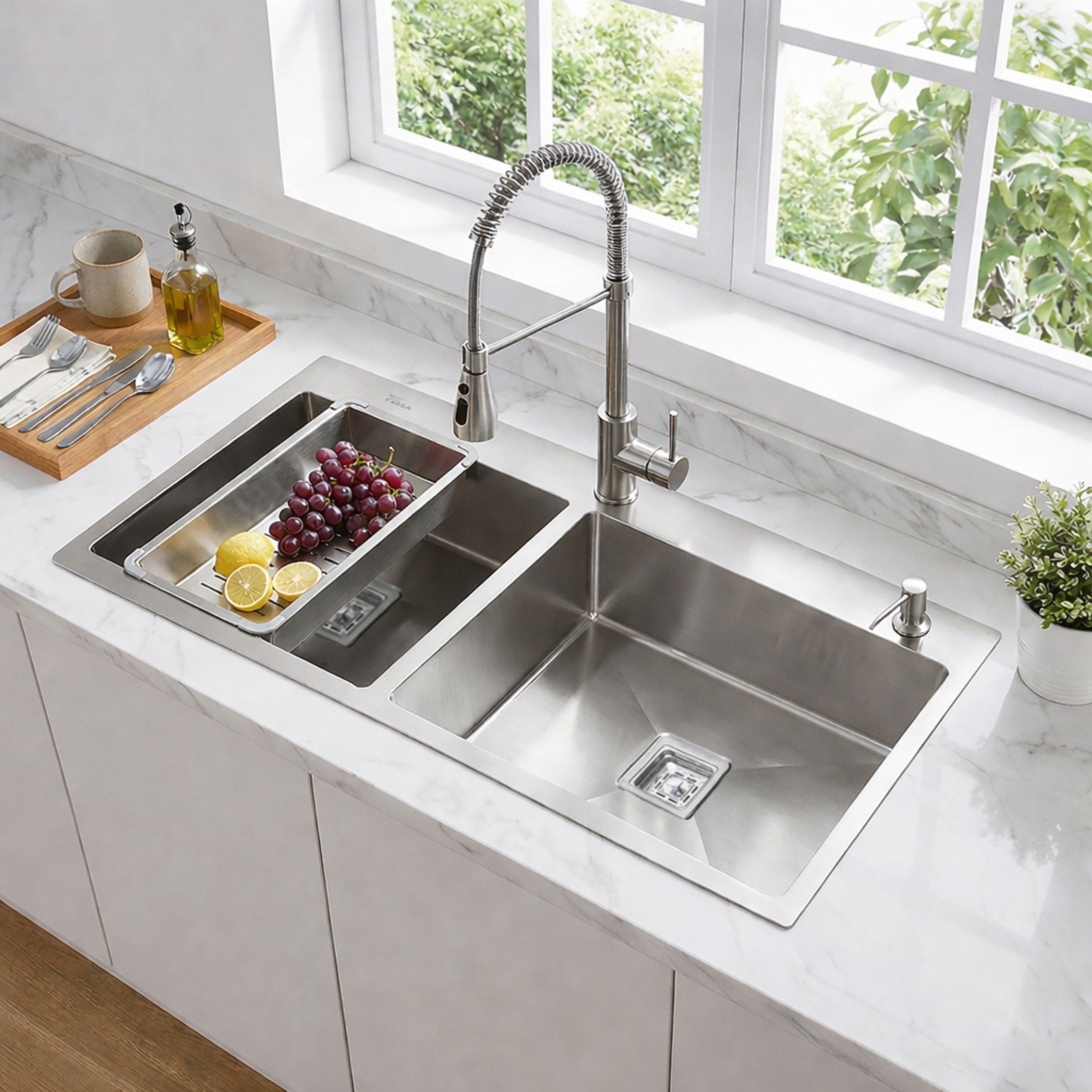 Aqua 45"x20"x09" 10-Year Warranty SS-304 Double Bowl with Tap Hole Kitchen Sink FS4520DTS Vessel Sink-image-34