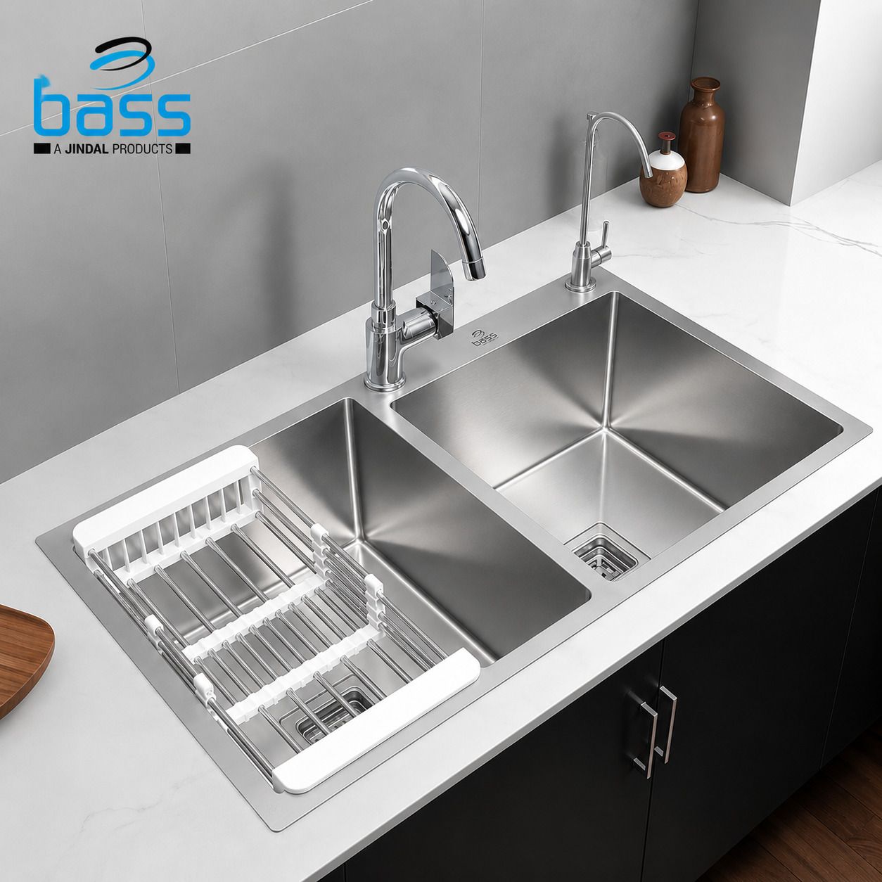 vinod kitchen BASS 45"x20"x10 Inch Double Bowl with tap hole Handmade Kitchen Sink Matt Finish Double bowl with tap Hole Stainless steel Sink with rack Vessel Sink-picture-34