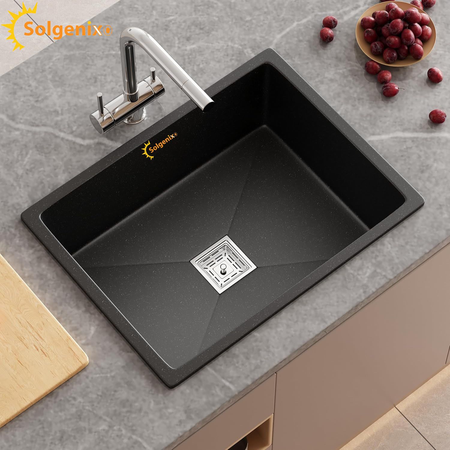 solgenix0 Natural Quartz Qubic Kitchen Vessel Sink with Deep Drain Grooves Premium Matte Black Granite Kitchen Sink 24*18*8" Single Bowl Vessel Sink-picture-15