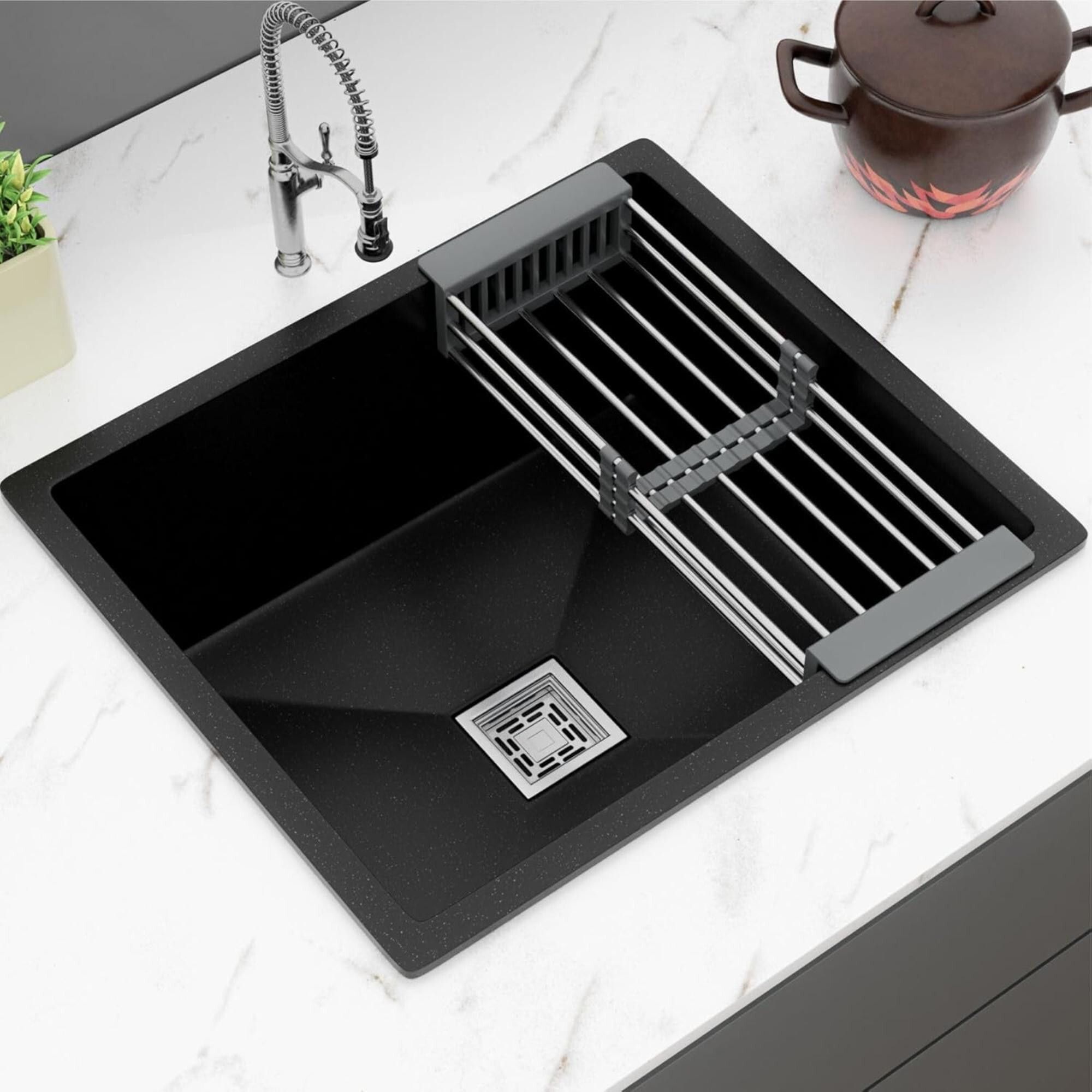 Handmade Quartz Sink Exclusive Single Bowl Kitchen Sink/Quartz Sink For Kitchen Drain Rack | Basket with Hose Pipe and Waste Coupling (24x18 Inches) Vessel Sink-image-31