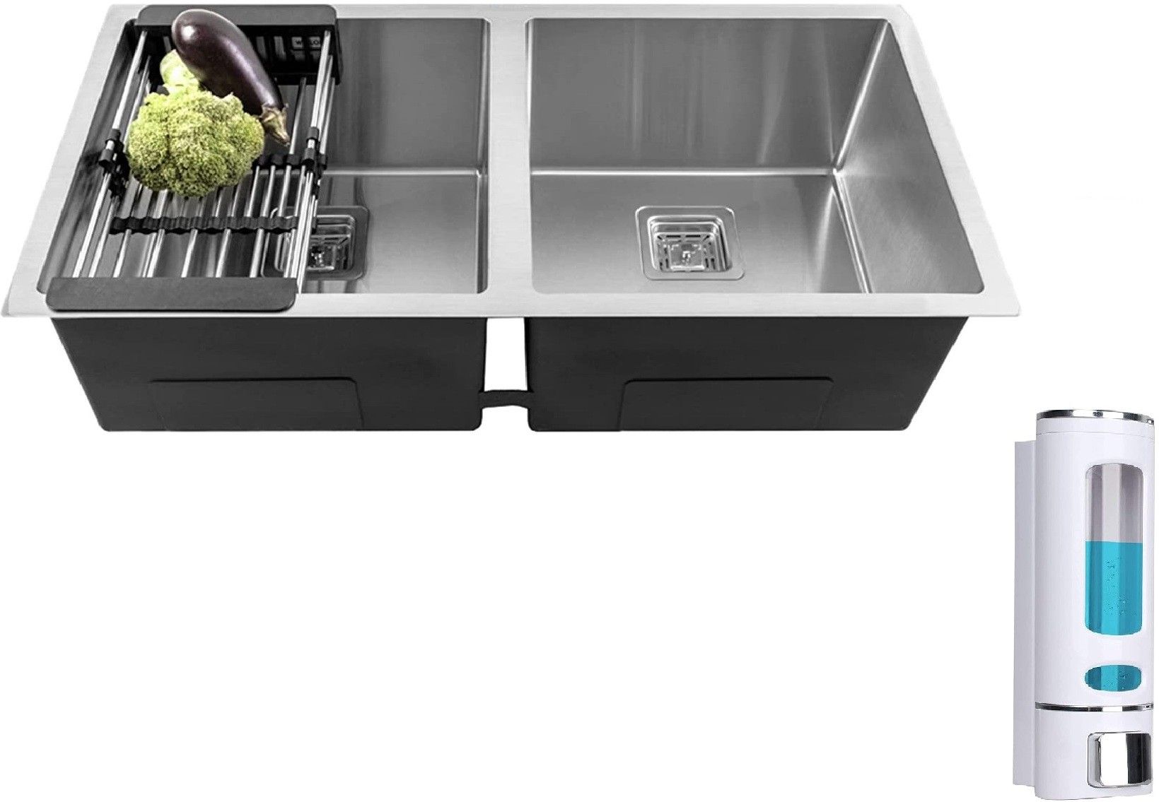 304 Grade Handmade 37" X 18" X 10" Kitchen Sink Double Bowl Sound Proof Stainless Steel Matt Finish MG_77 Vessel Sink-image-32