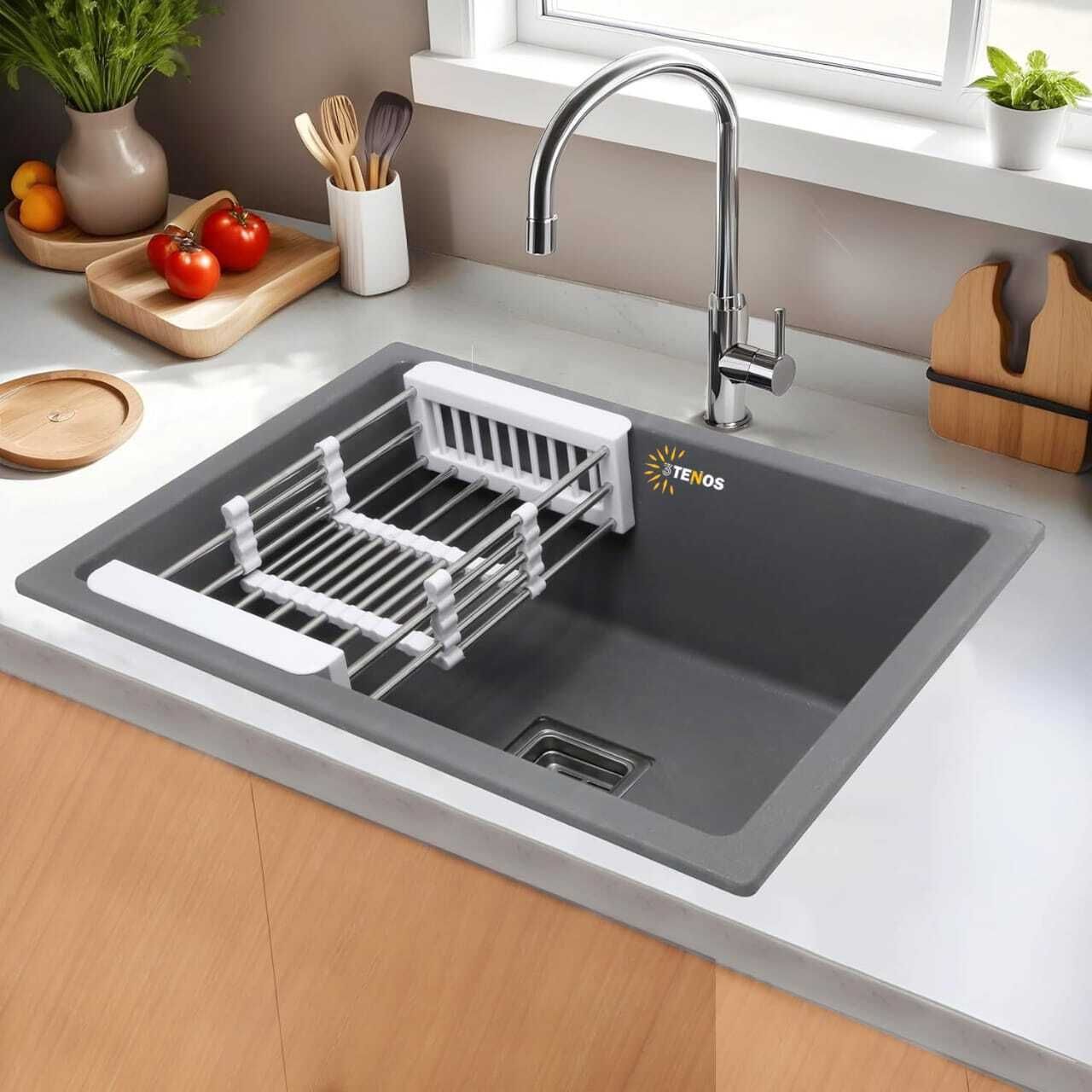 Heavy Duty Quartz Granite Single Bowl Vessel Sink 24*18*9 With 9 inch Deep Drain Grooves | Basket, Waste Pipe & Coupling Vessel Sink-image-28