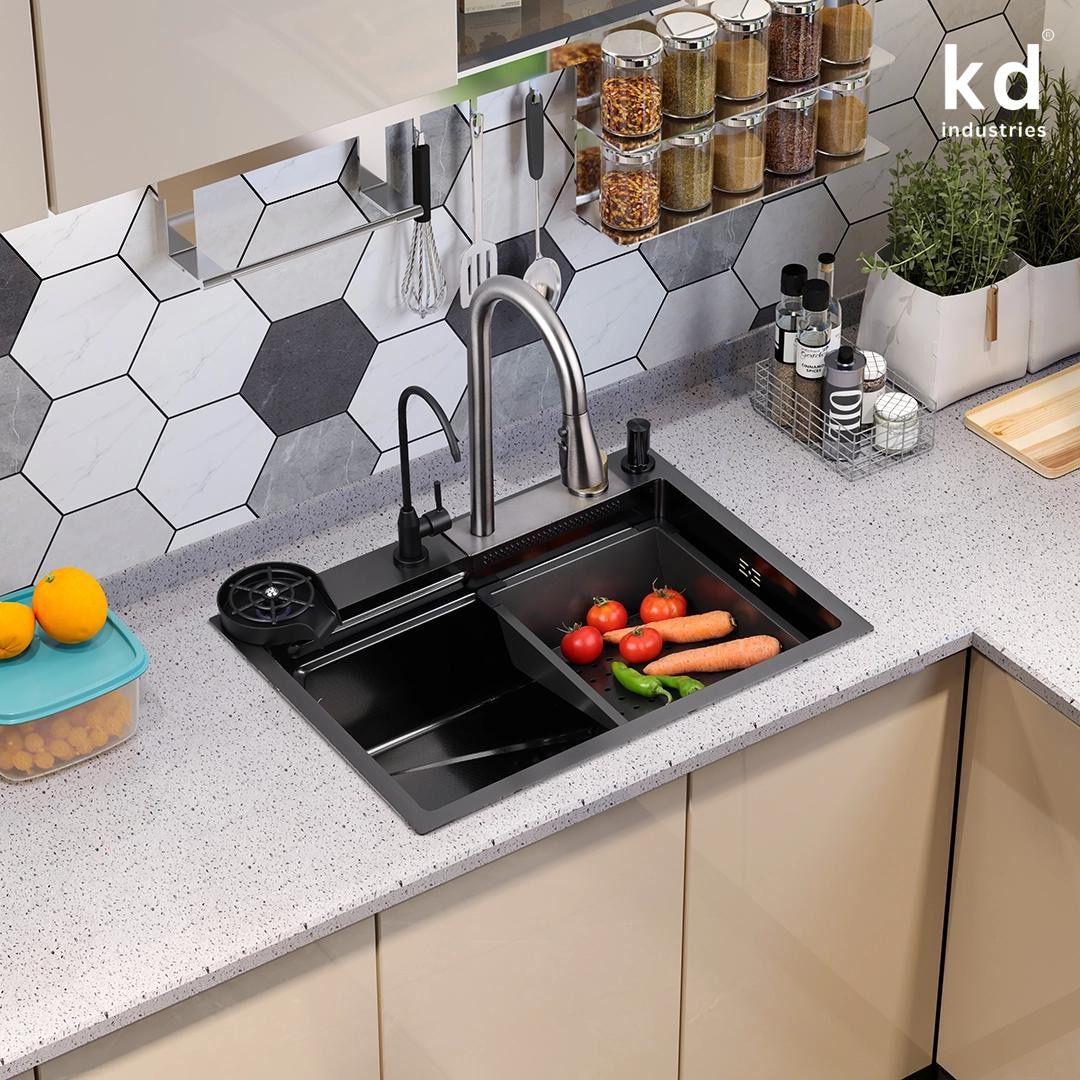 24X18 WATERFALL KITCHEN SINK 304 GRADE WITH INTEGRATED WATERFALL WITH PULLOUT FAUCET & GLASS WASHER & RO WATER TAP & SOAP DISPENSER Vessel Sink