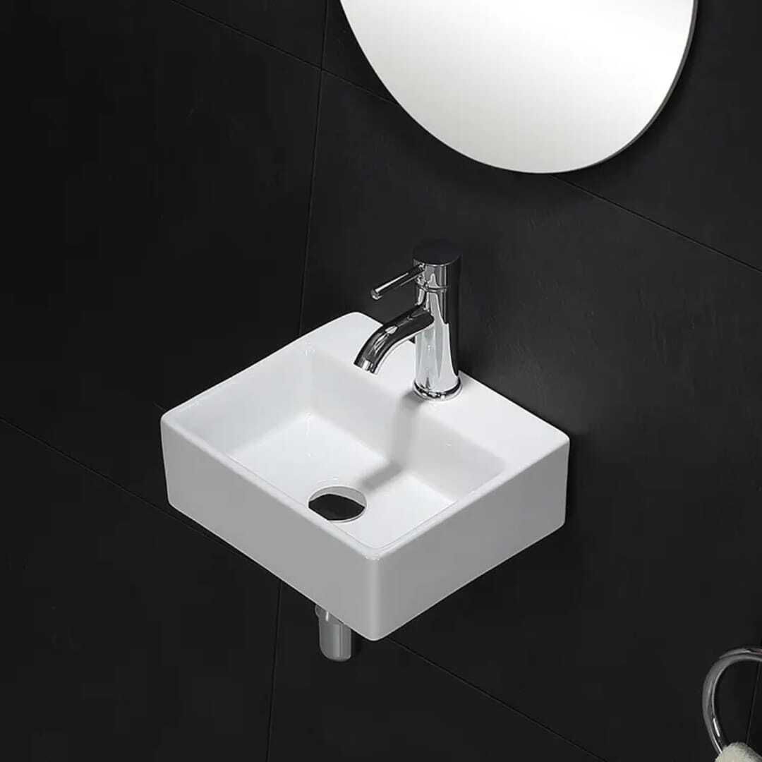 Small Size Wall Mounted Wash Basin – Modern Design xeno White (12x14x5 inch) Wall Hung Basin-image-1