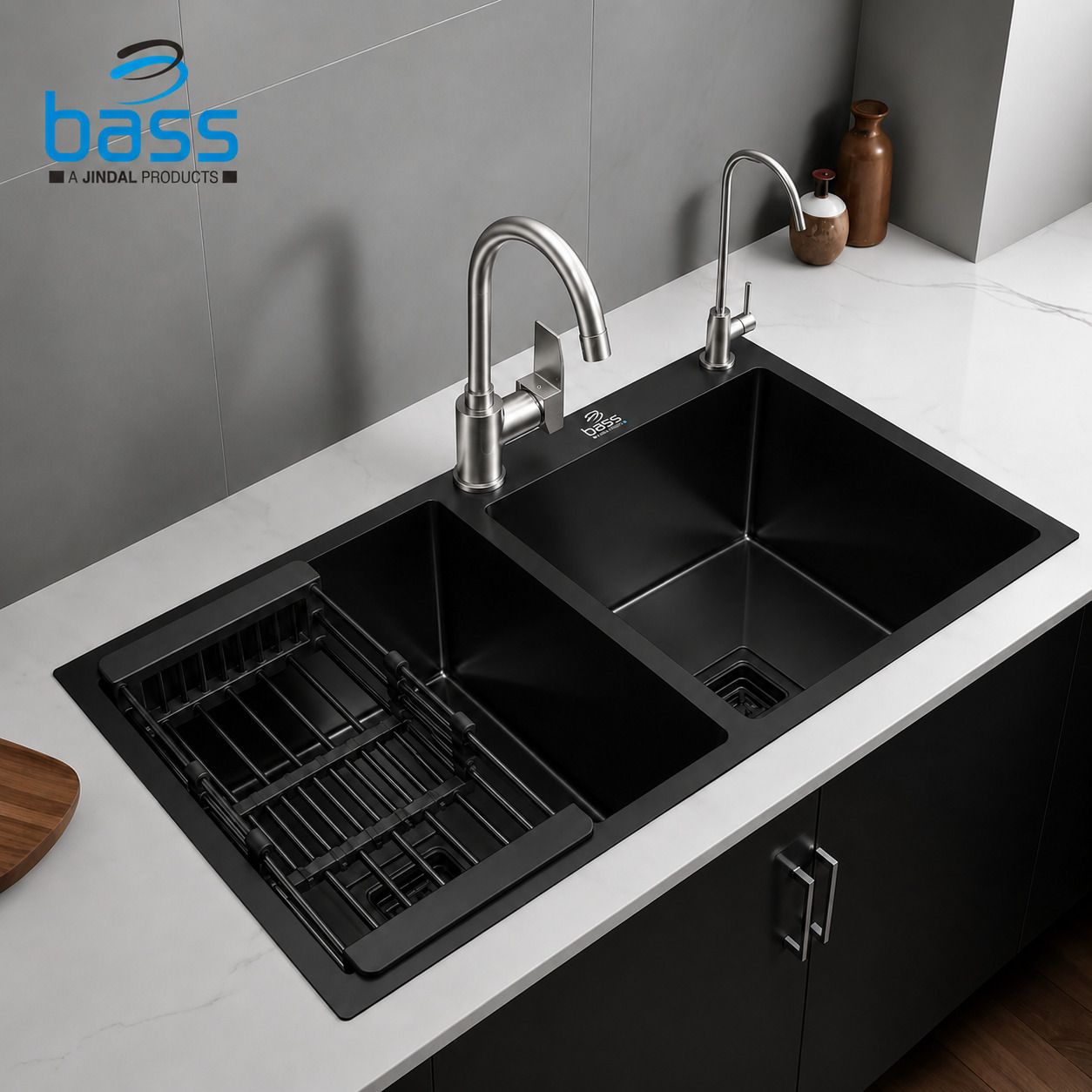 vinod kitchen BASS 37"x18"x10" Inch Double Bowl With Tap Hole Premium Handmade Kitchen Sink Black 37x18 SS Sink with rack (BLACK TAP HOLE) Vessel Sink-picture-19