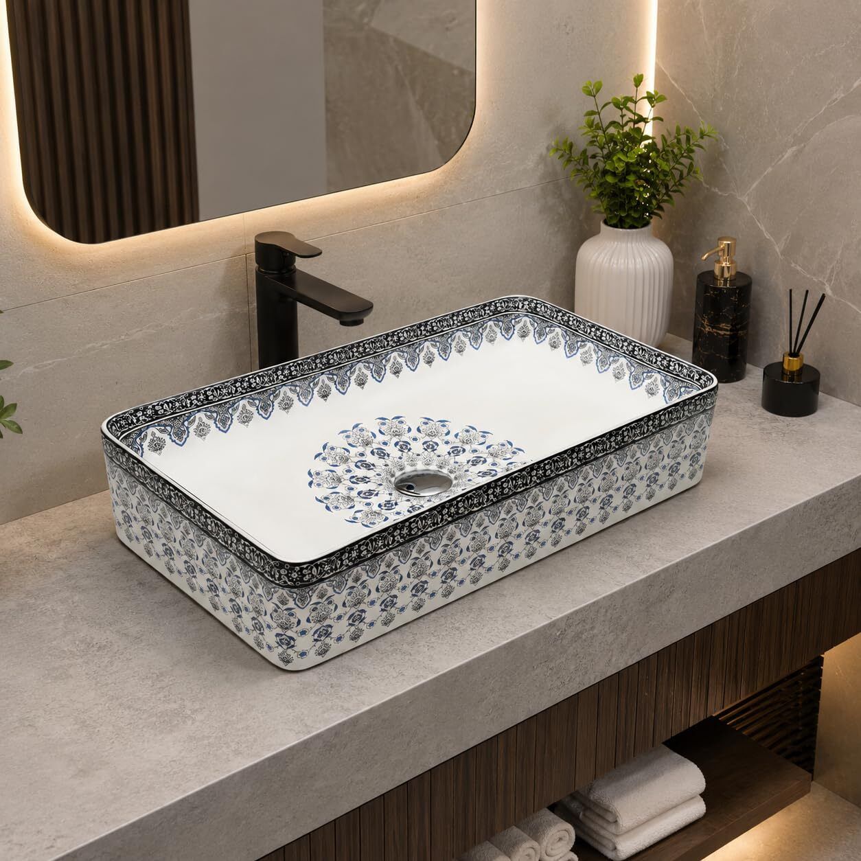 archstone Designer Moroccan Large Ceramic Rectangular Tabletop Wash Basin Bathtub Caddy-picture-14