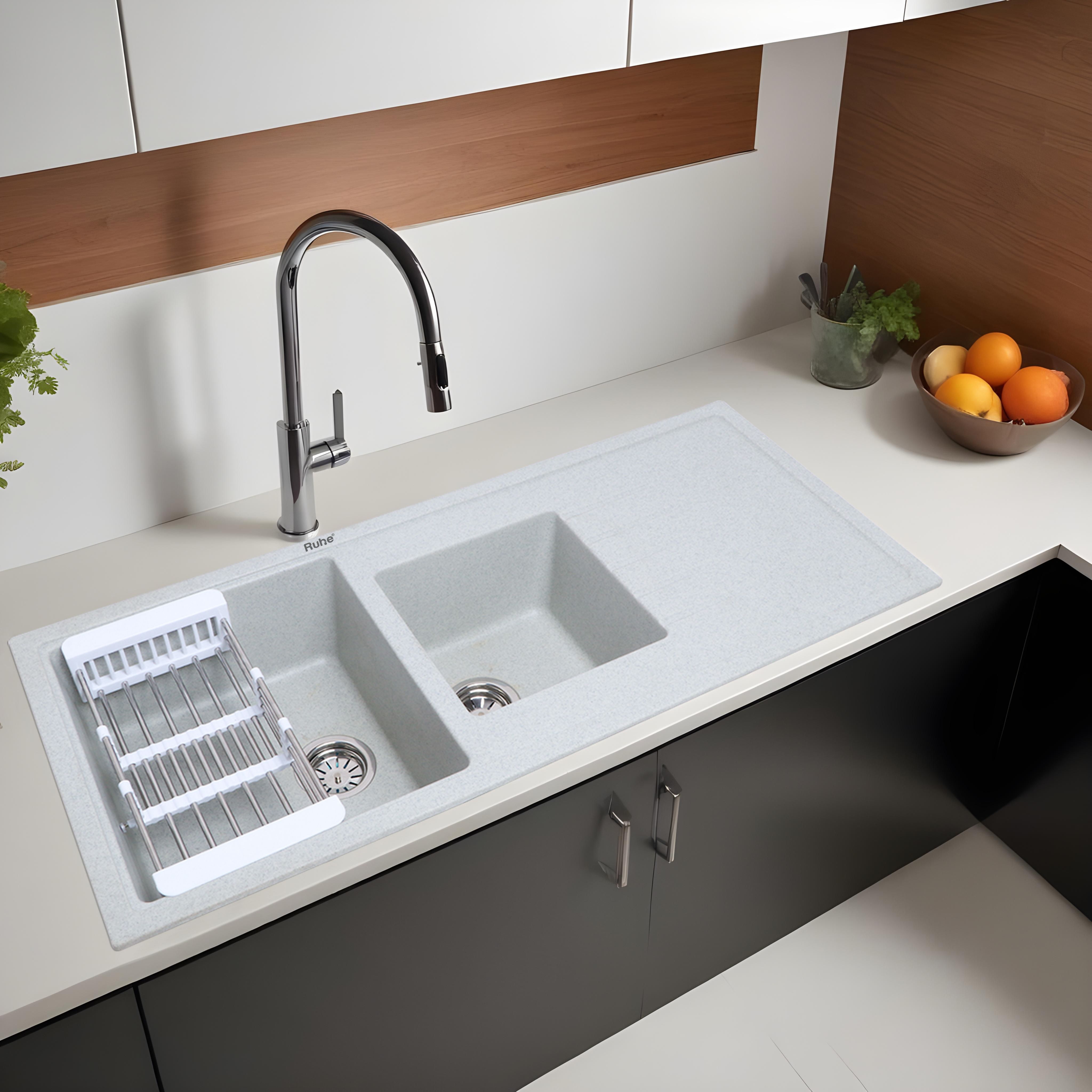 12mm Thick Quartz Double Bowl with Drainboard Kitchen Sink (45 x 20 x 9 Inches) Natural Sand Pluto Granite Stone Matt Finish Double Bowl with Drainboard Sink Vessel Sink-image-41