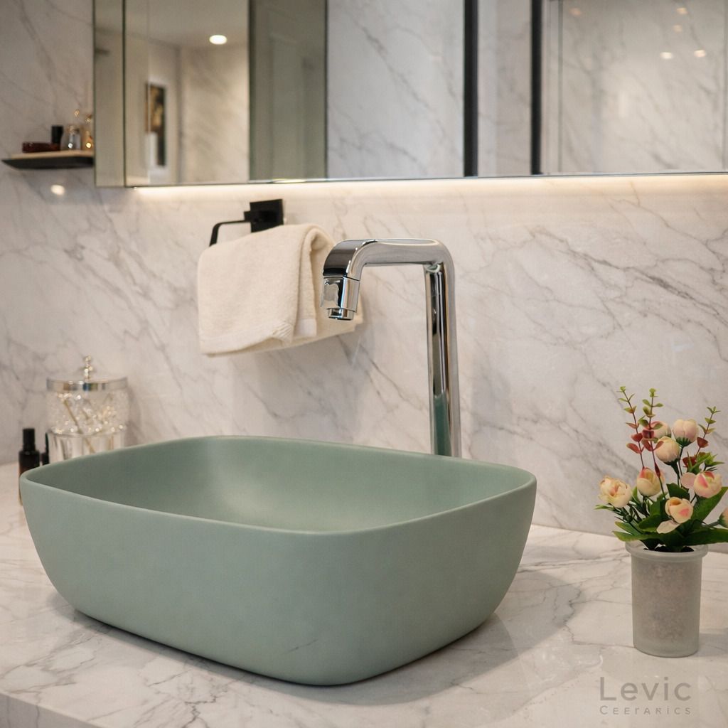 levic ceramic Levic Pista Green Designer Counter Top Basin | Premium Ceramic Bathroom Sink 13X18 LC01-M- PISTA GREEN Silk Matt Counter Top-picture-12