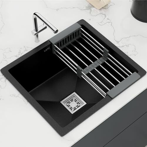 LAPO Single Bowl Granite Kitchen Quartz-Sink-SP-Black Metalic-18x16 Top Mount-image-14