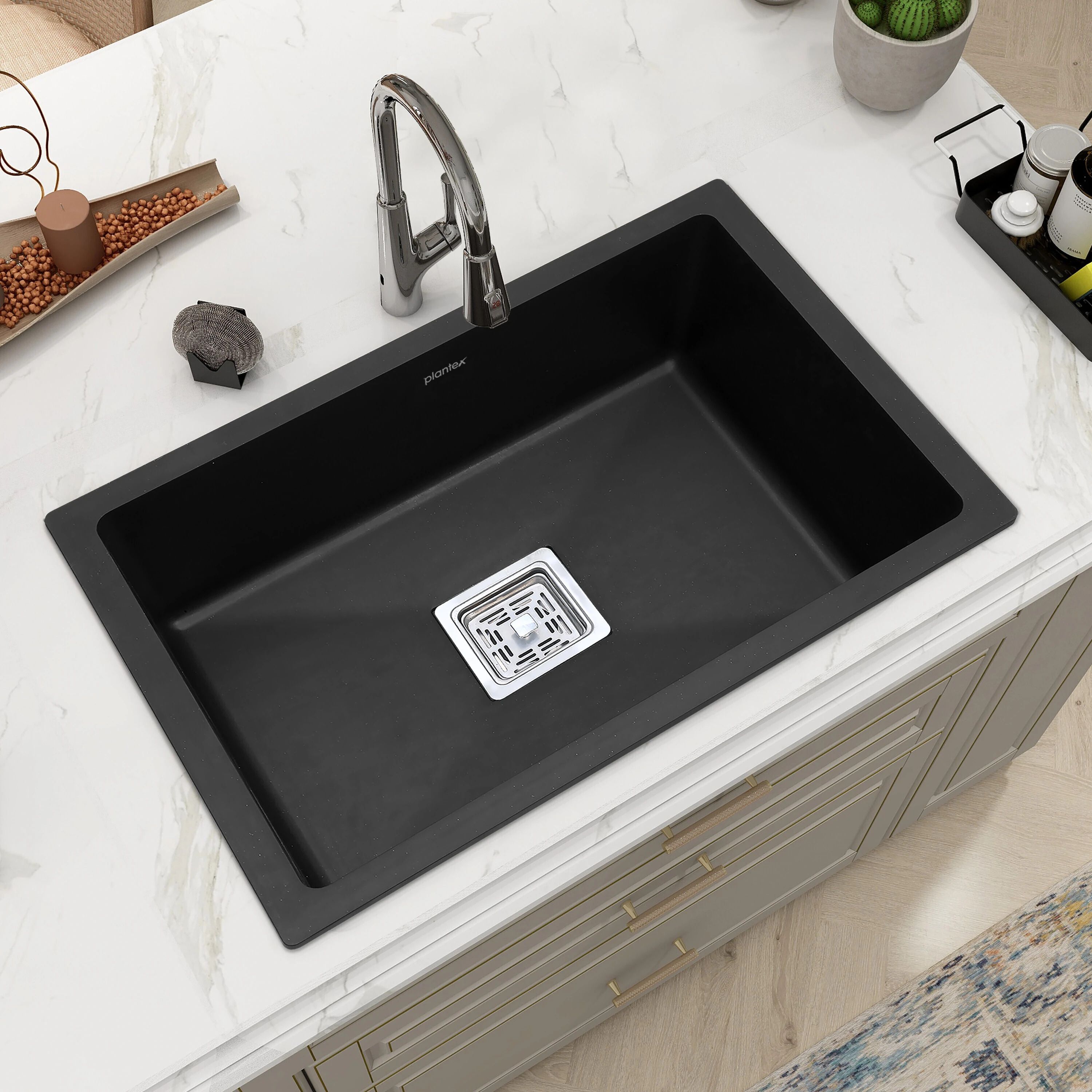 Granite Quartz Single Bowl Kitchen Sink with Real Stone Finish (24x18 inches) APS-2025 Under Counter Basin