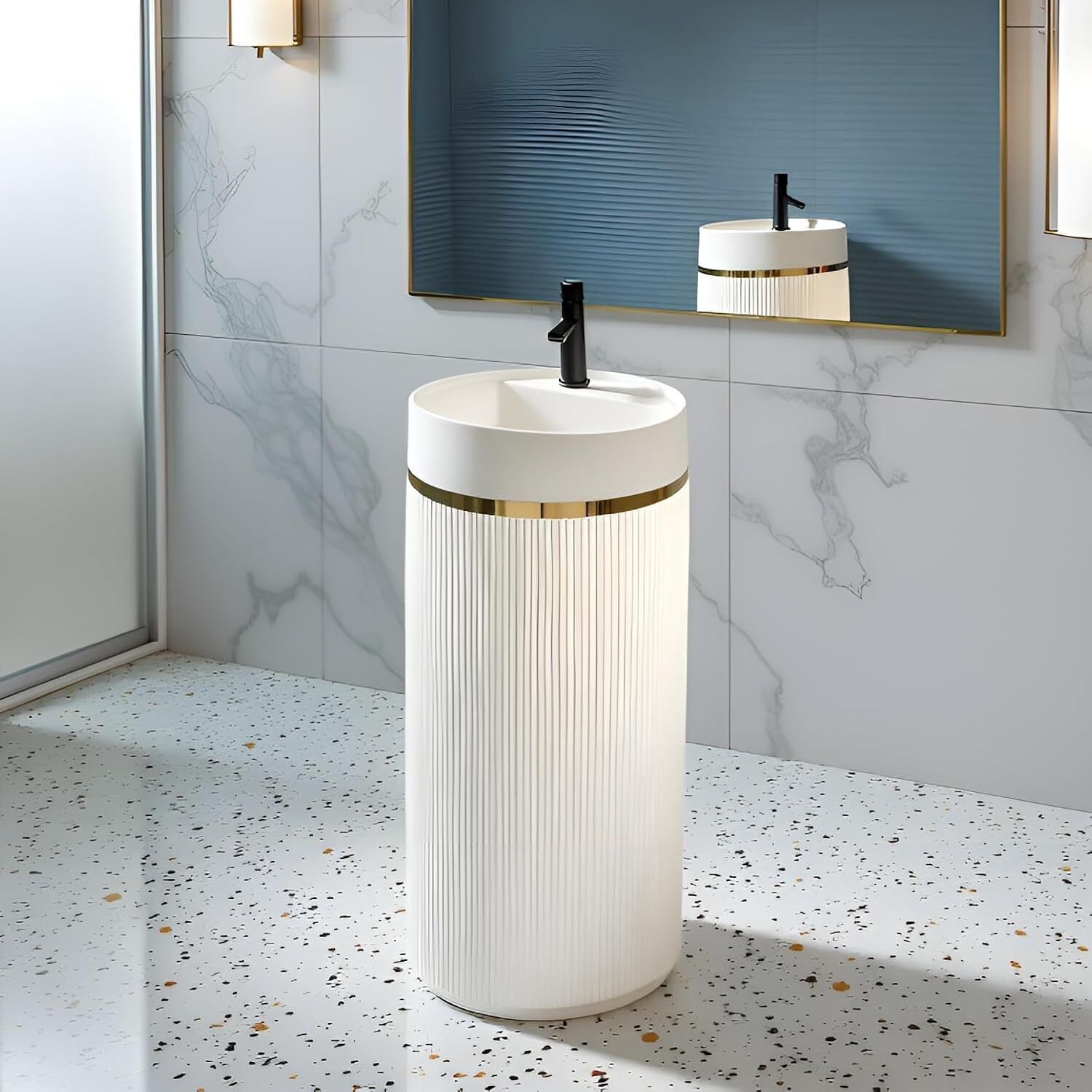 JABON BAGNO Round Pedestal Wash Basin, Acrylic Resin and Quartz, Free Standing, Round Basin for Bathroom/Hotel/Home/Restaurant 86 x 42 cm, White (JPDS1022) Pedestal Basin-picture-36
