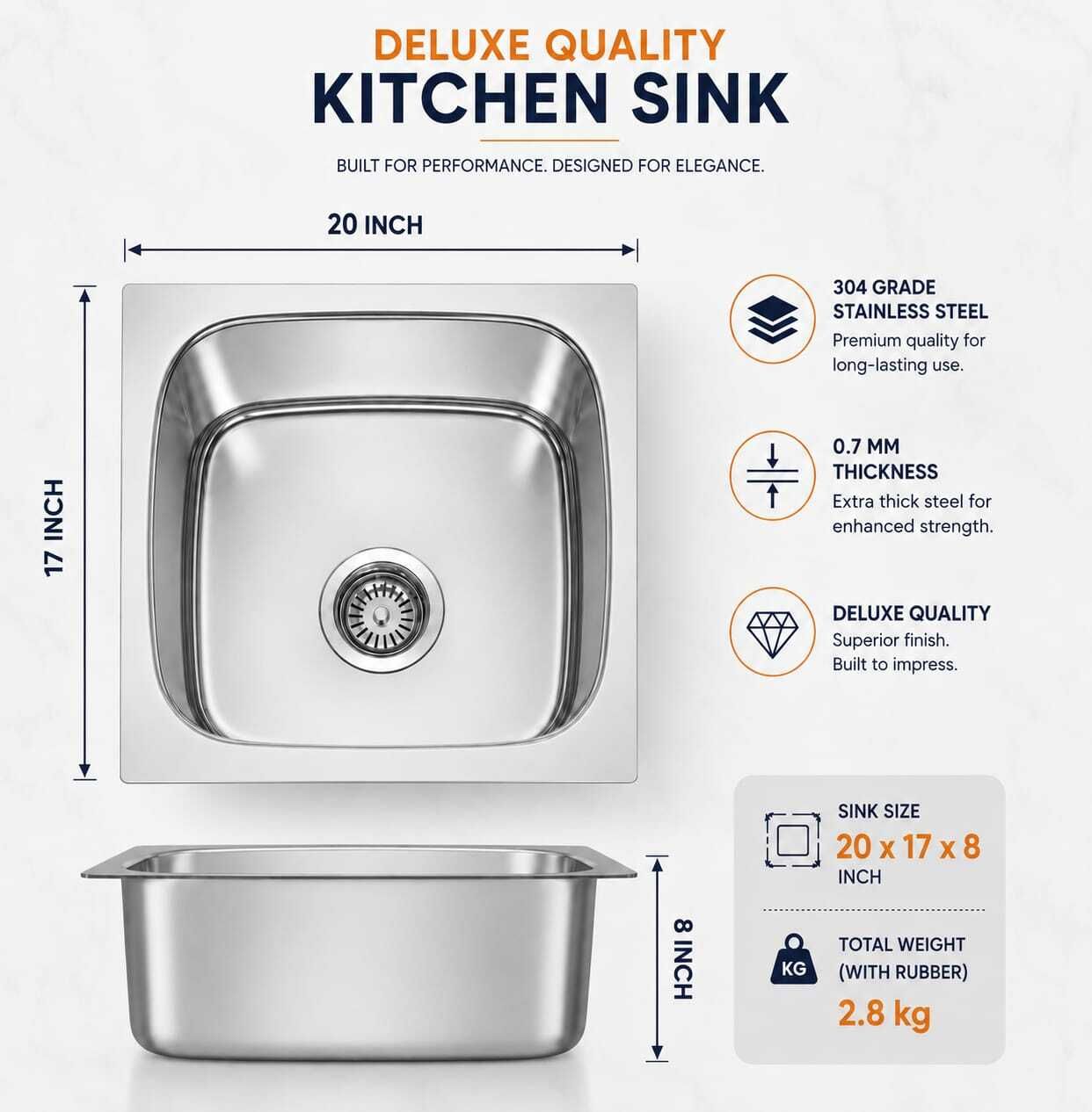 rencho Grade Stainless Steel Single Bowl Kitchen Sink 20 x 17 x 8 Inch | Bowl Heavy Duty Wash Basin | Anti Rust Scratch Resistant Kitchen Sink Counter Top-picture-48