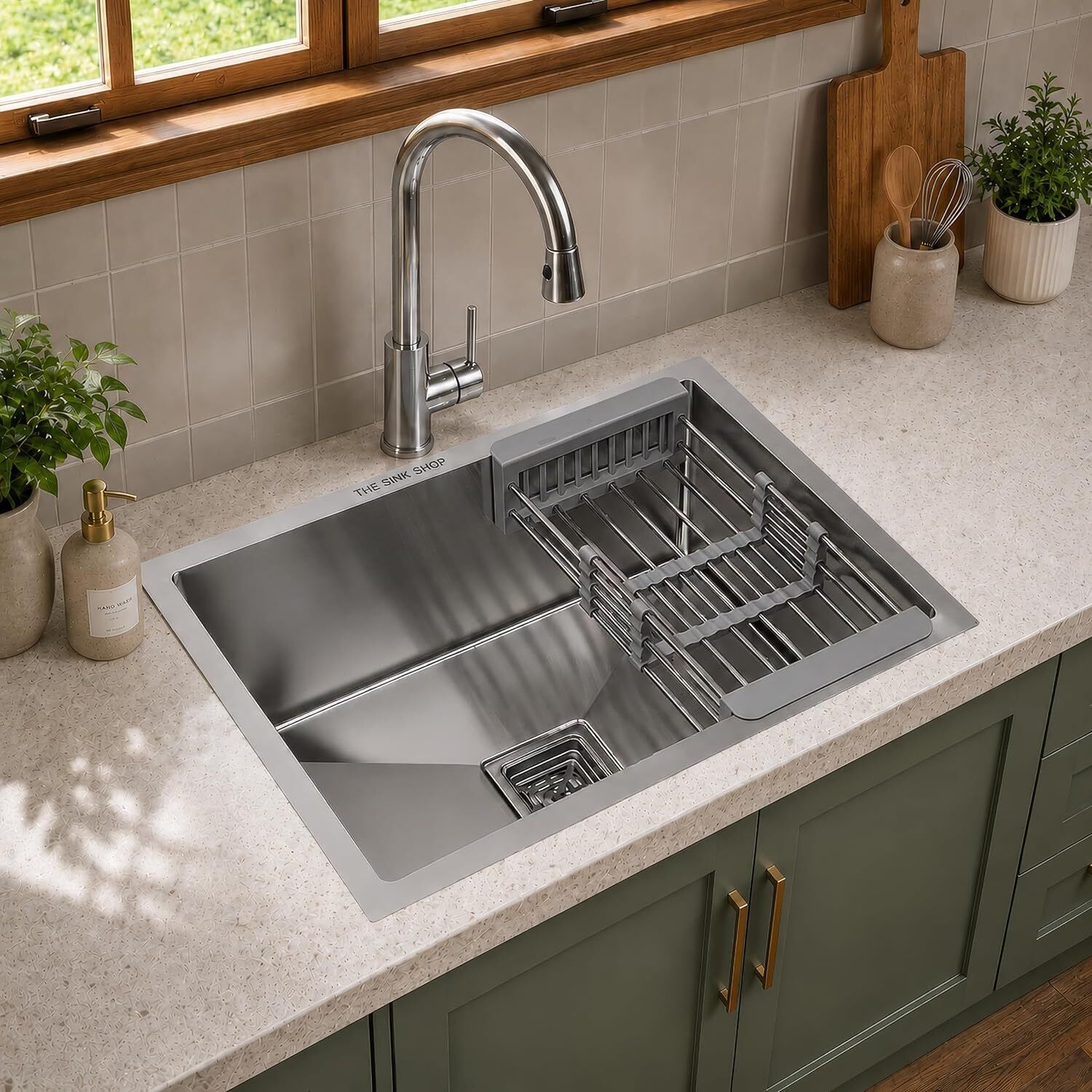 the sink shop 21x18x10 Kitchen Sink Handmade Single Bowl 304 Grade Stainless Steel Brushed Matte Finish with Coupling Fruit Tray Hose Pipe Vessel Sink-picture-24