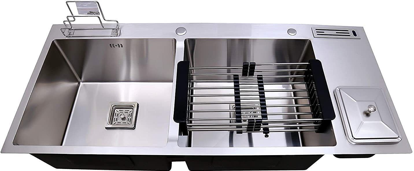 Matt Finish Double Bowl Sink for Kitchen Basin with Dustbin (45"x20"x10") Vessel Sink-image-11